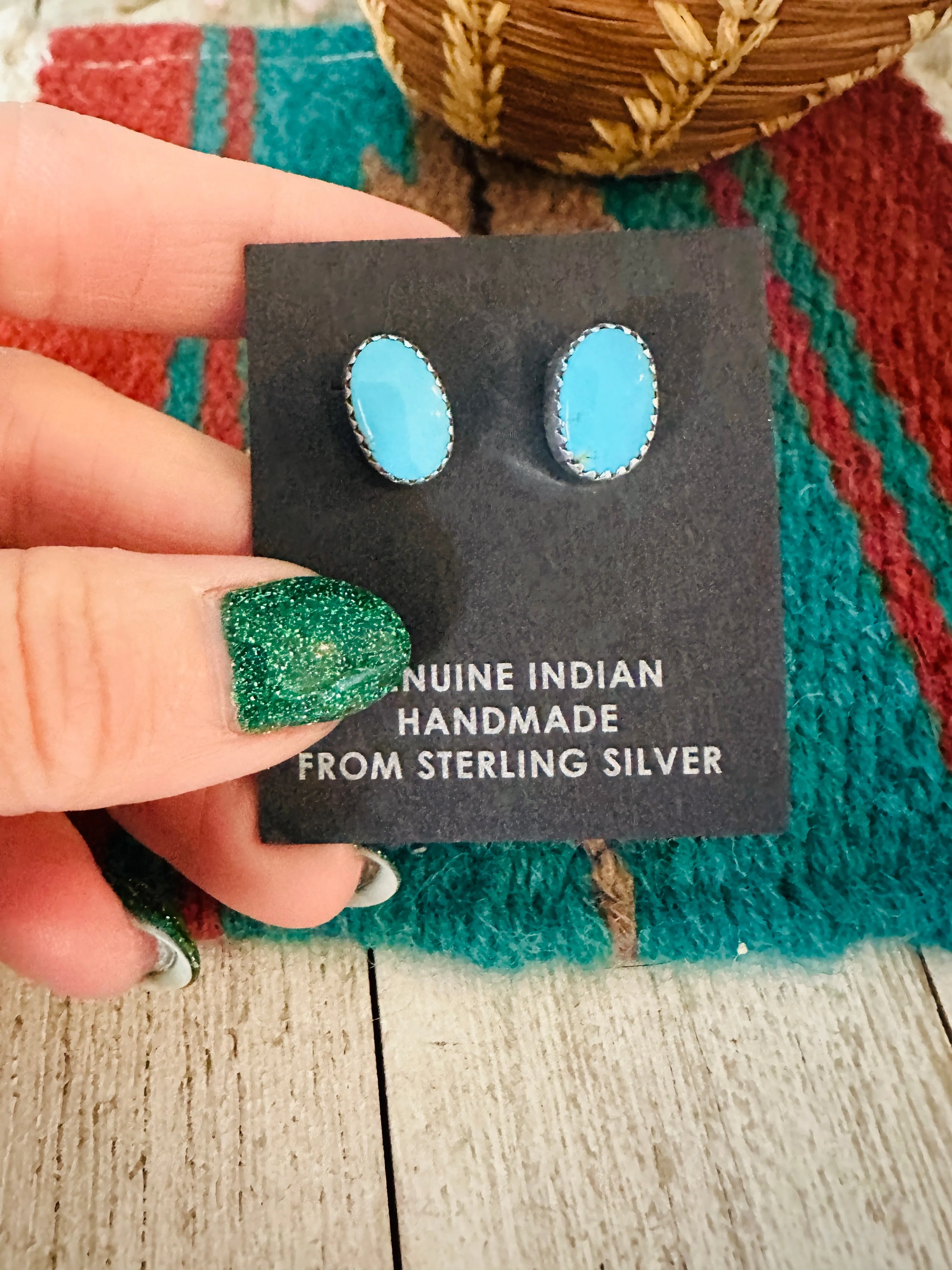 Navajo Kingman Turquoise and Sterling Silver Stud Earrings