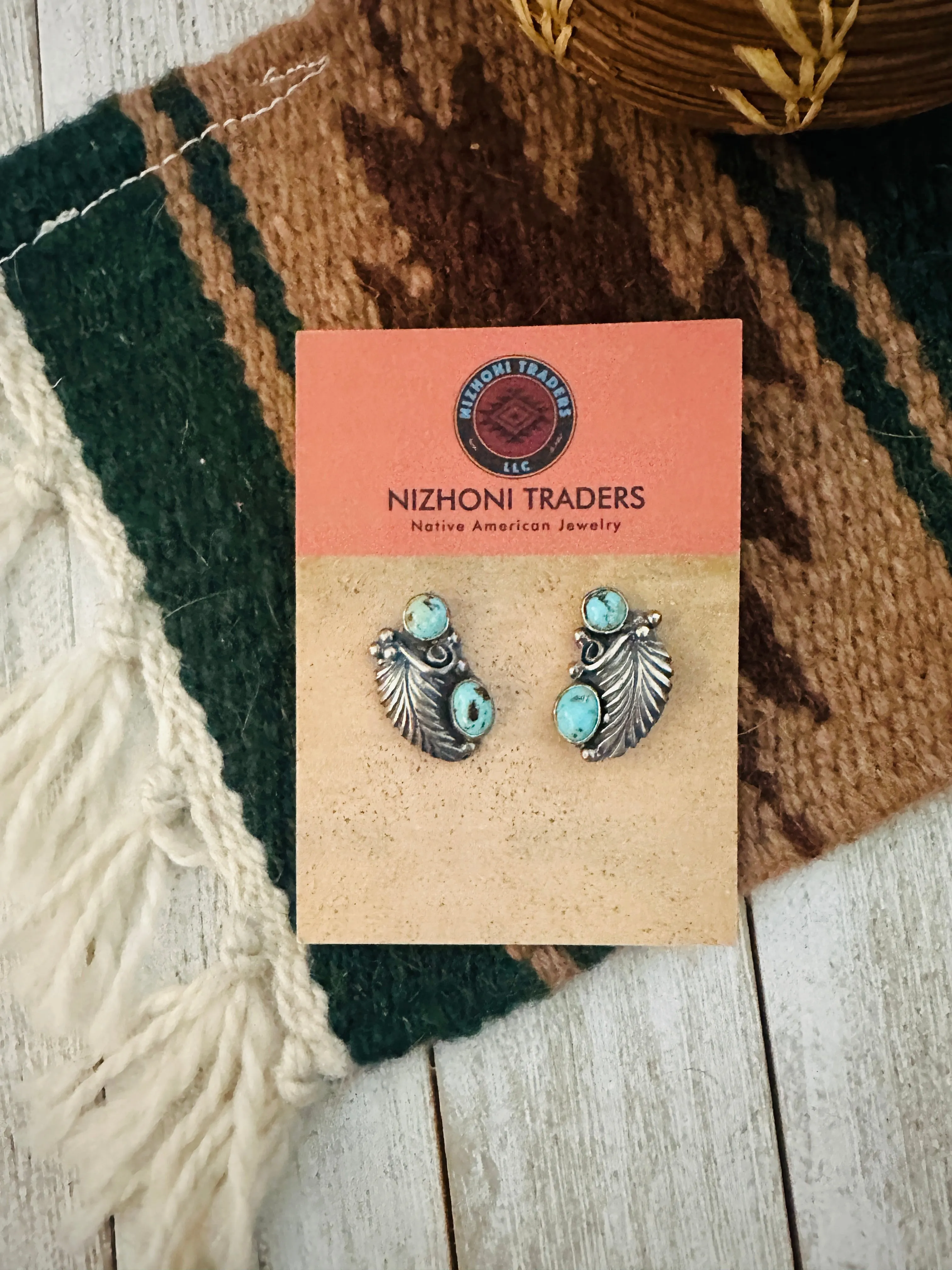 Navajo Turquoise & Sterling Silver Leaf Post Earrings