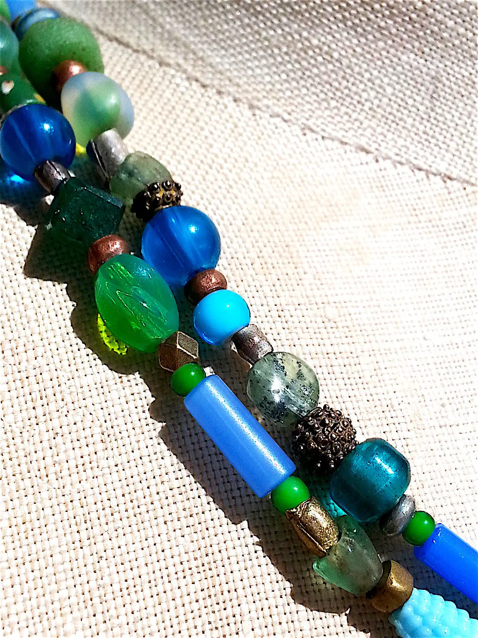 Necklace Semiprecious Mix and Glass Double Length Red or Blue