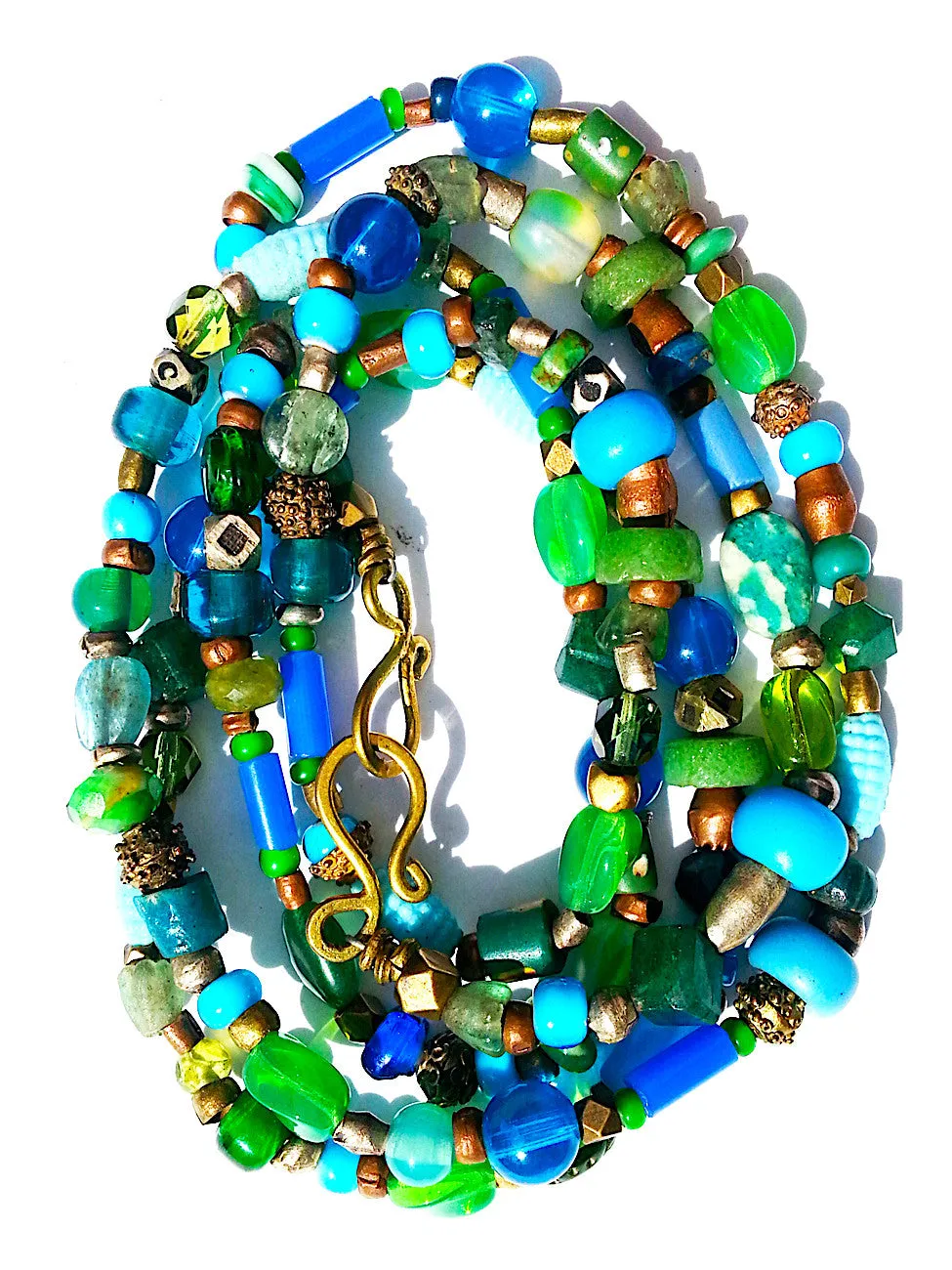 Necklace Semiprecious Mix and Glass Double Length Red or Blue