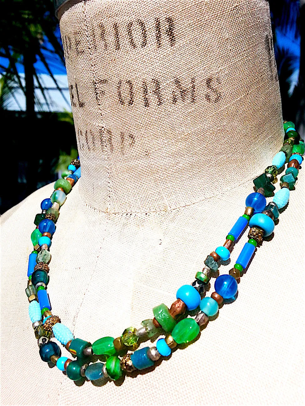 Necklace Semiprecious Mix and Glass Double Length Red or Blue
