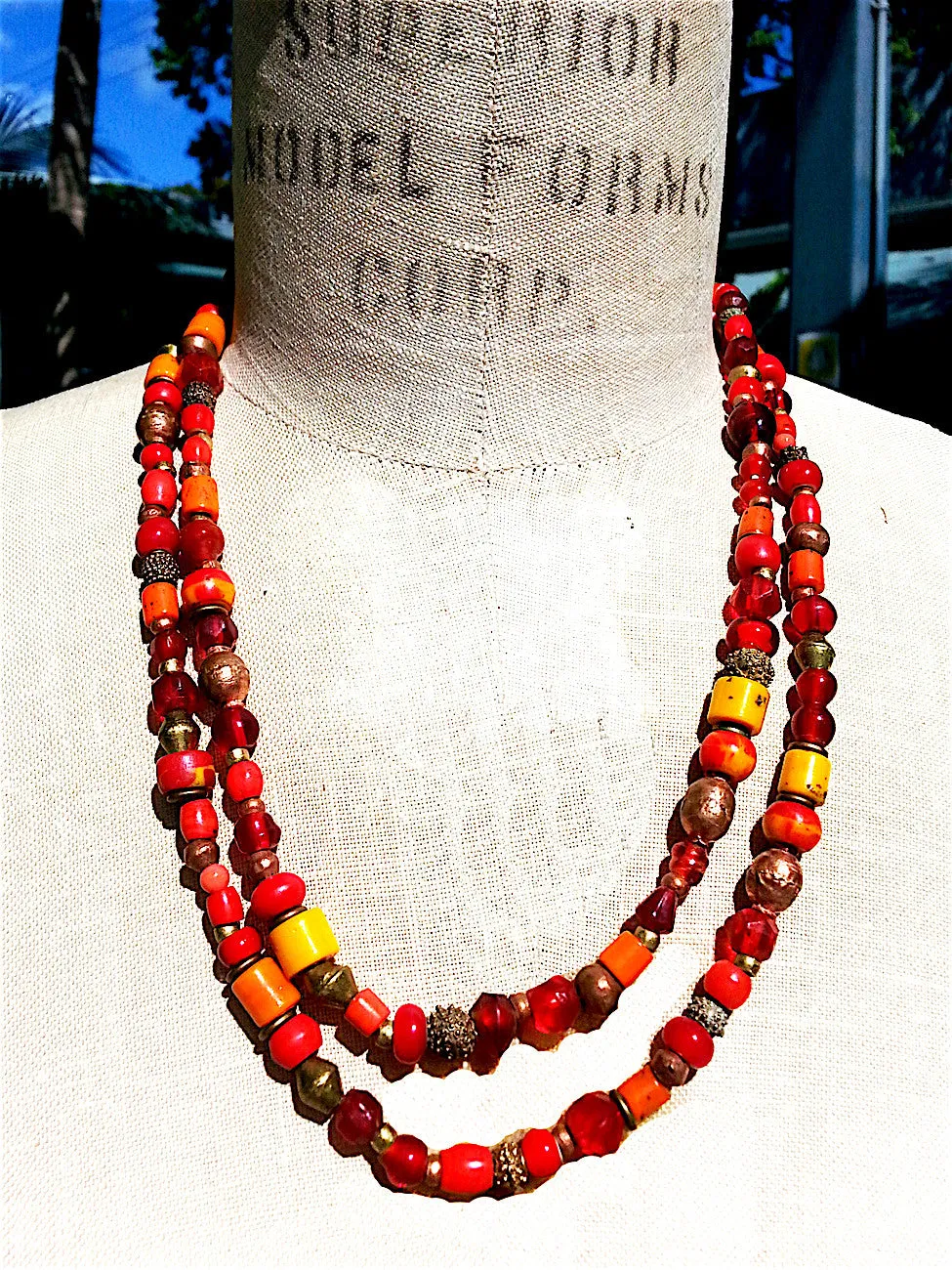 Necklace Semiprecious Mix and Glass Double Length Red or Blue