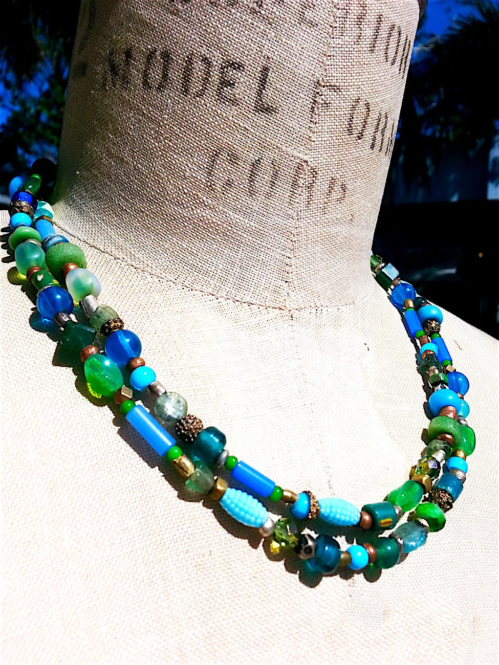 Necklace Semiprecious Mix and Glass Double Length Red or Blue