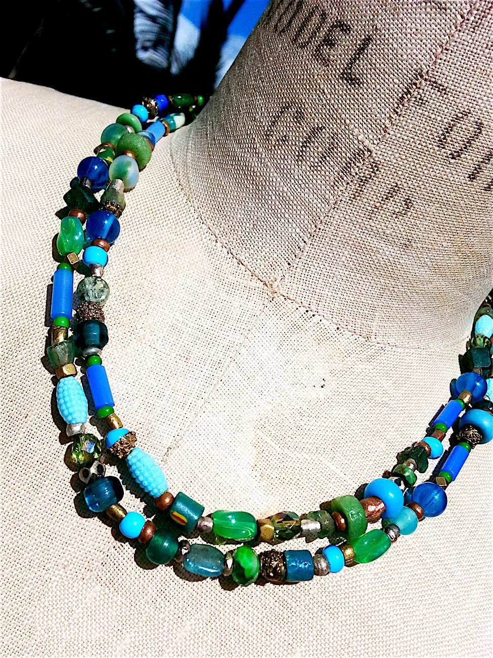 Necklace Semiprecious Mix and Glass Double Length Red or Blue