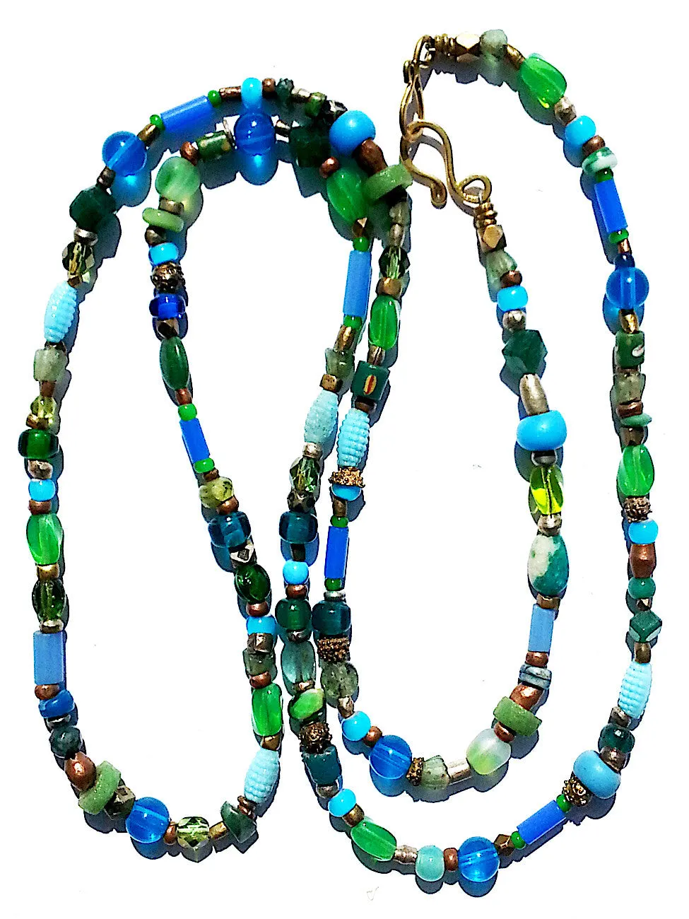 Necklace Semiprecious Mix and Glass Double Length Red or Blue
