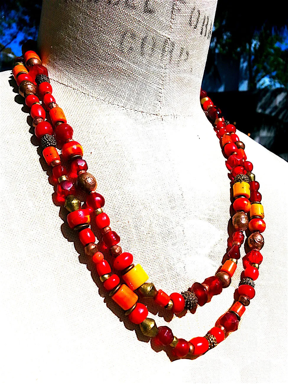Necklace Semiprecious Mix and Glass Double Length Red or Blue