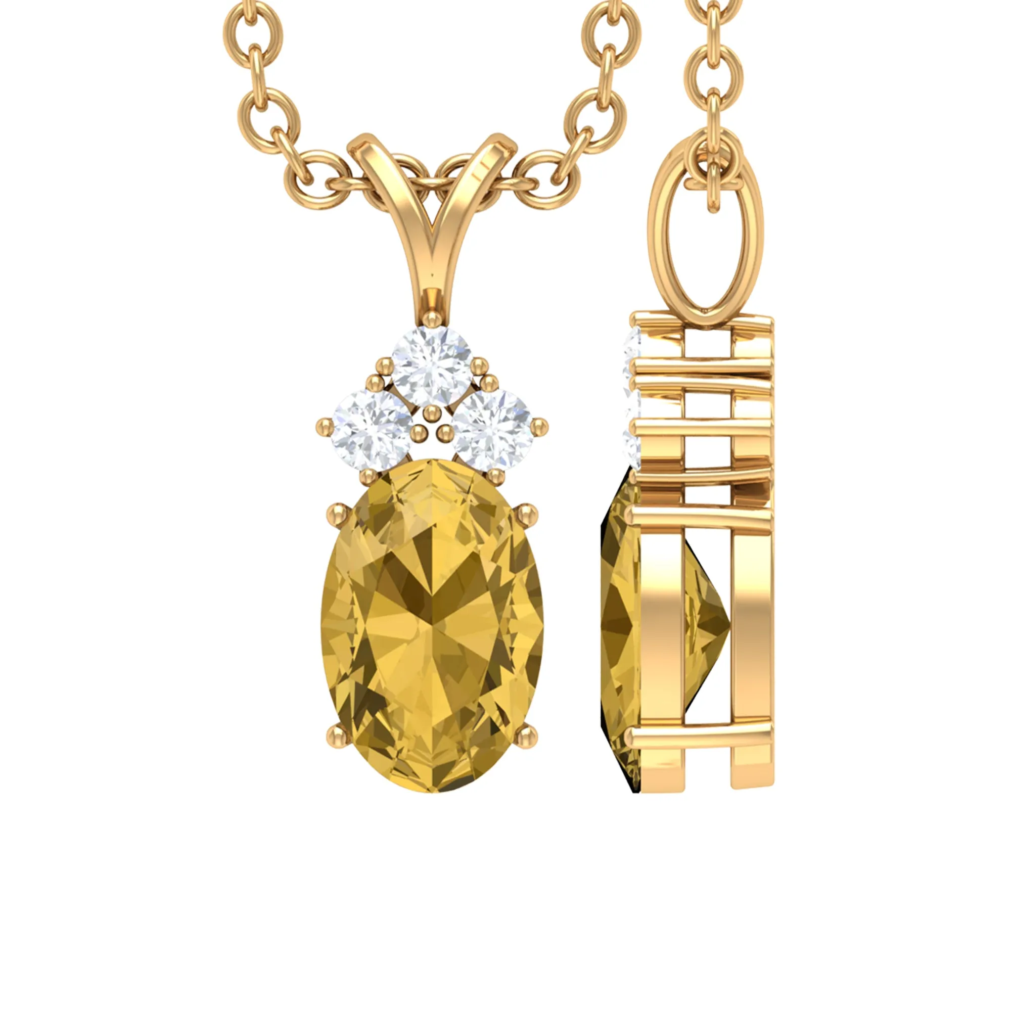 Oval Cut Citrine Minimal Pendant with Diamond Trio