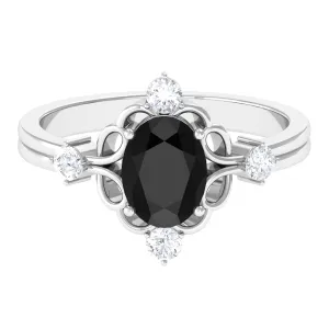 Oval Cut Solitaire Created Black Diamond Engagement Ring with Diamond
