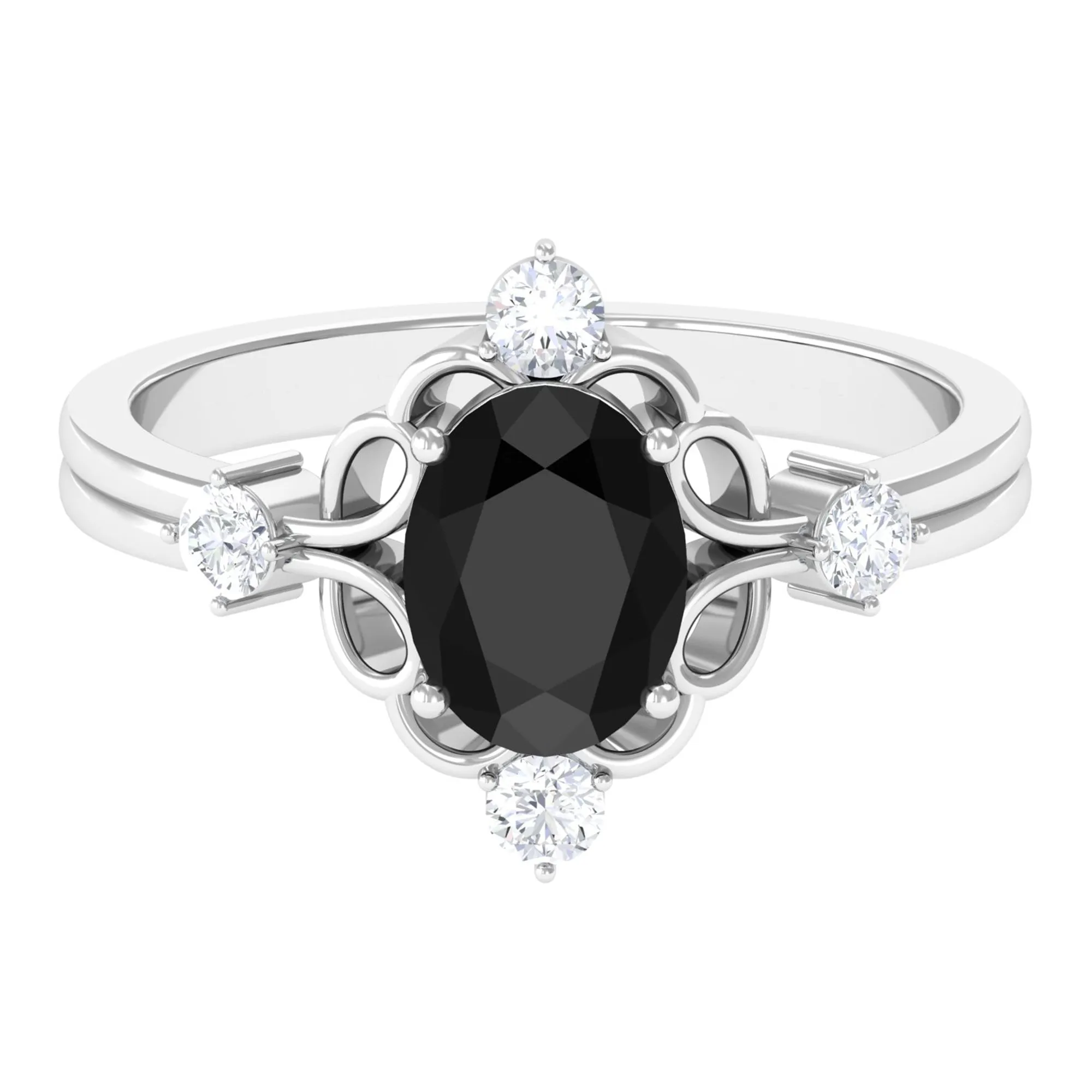 Oval Cut Solitaire Created Black Diamond Engagement Ring with Diamond