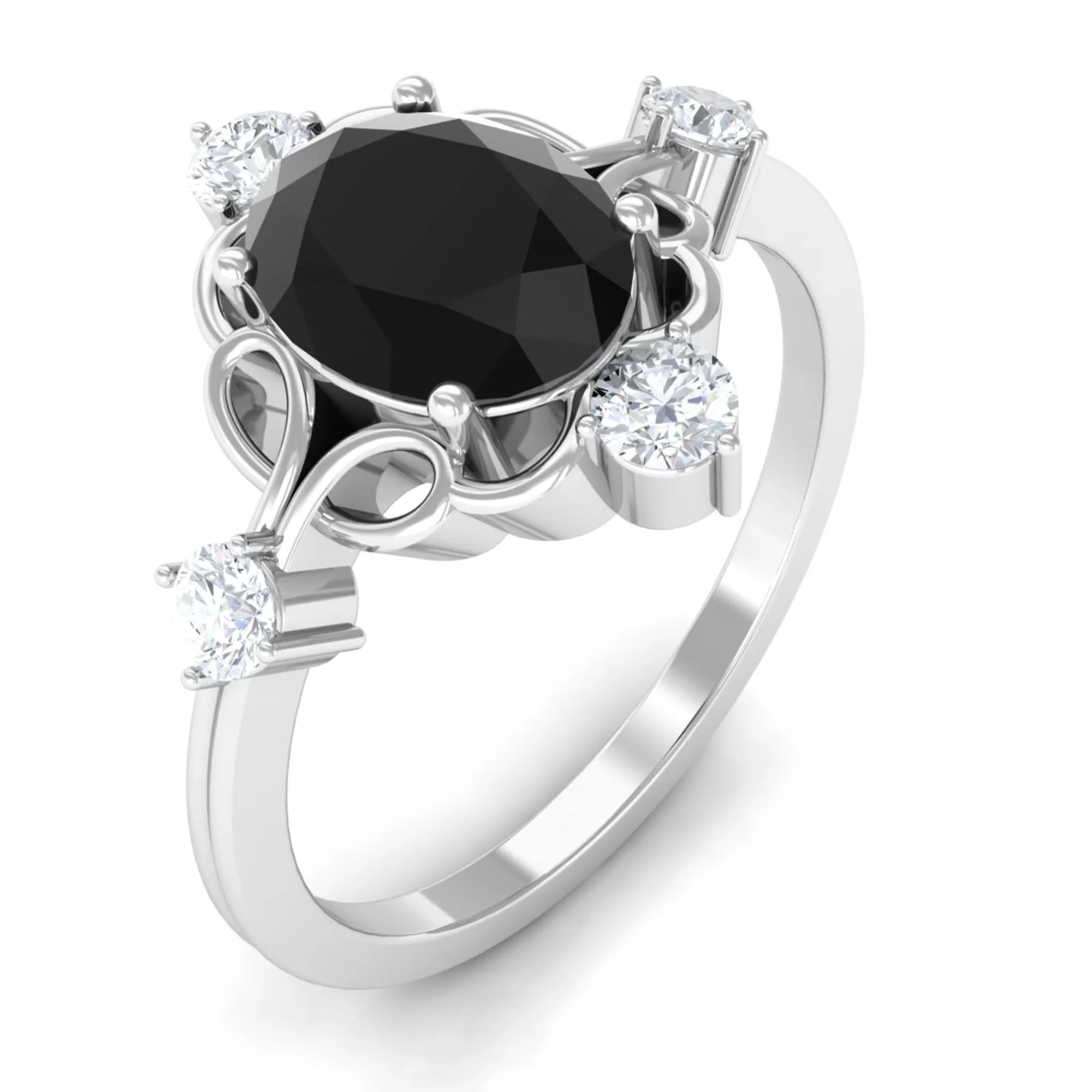 Oval Cut Solitaire Created Black Diamond Engagement Ring with Diamond