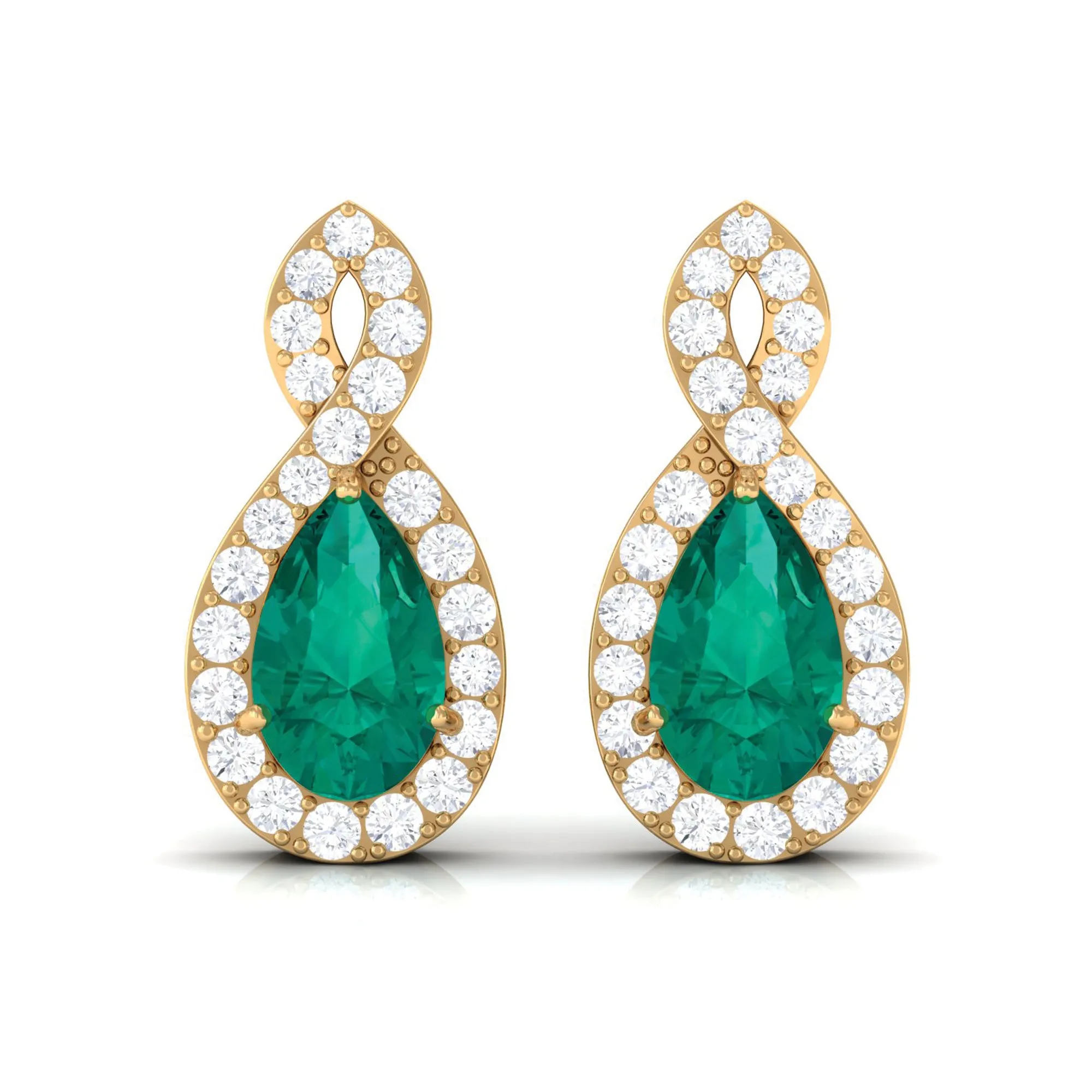 Pear Shape Emerald Infinity Stud Earrings with Diamond