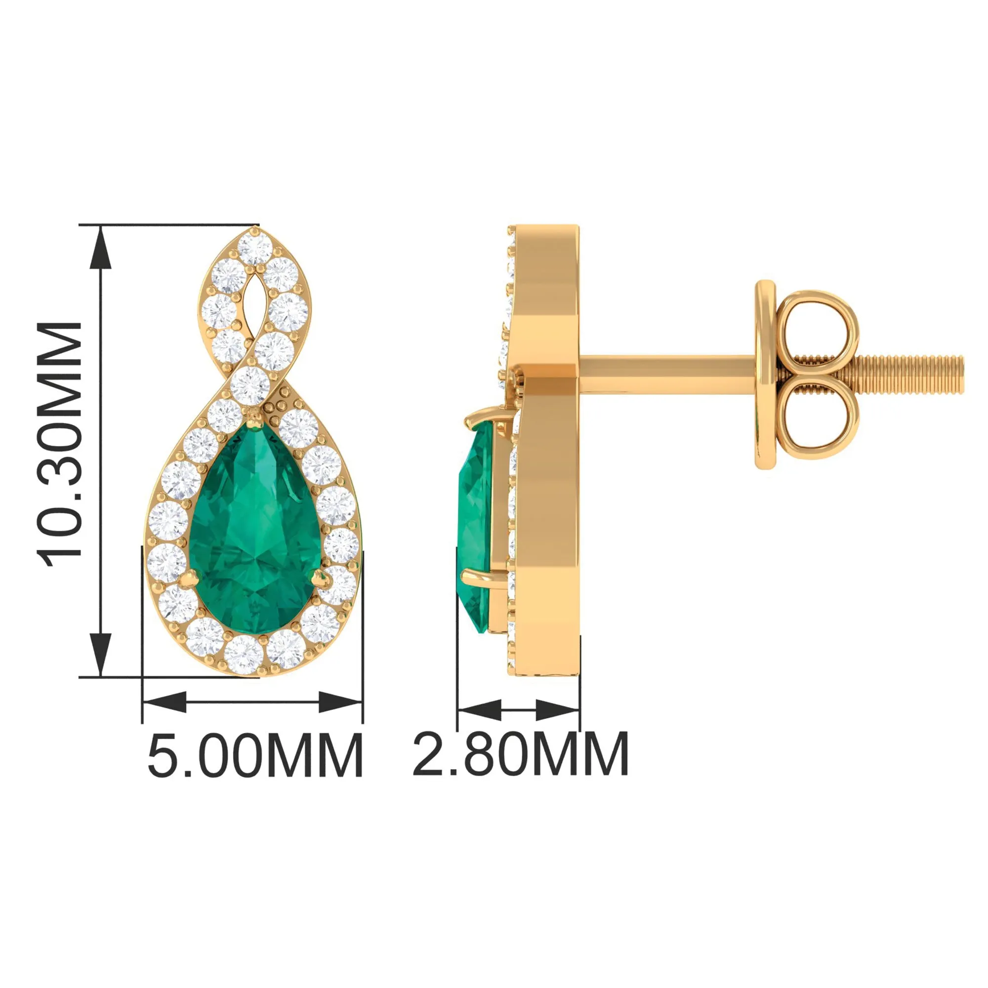 Pear Shape Emerald Infinity Stud Earrings with Diamond