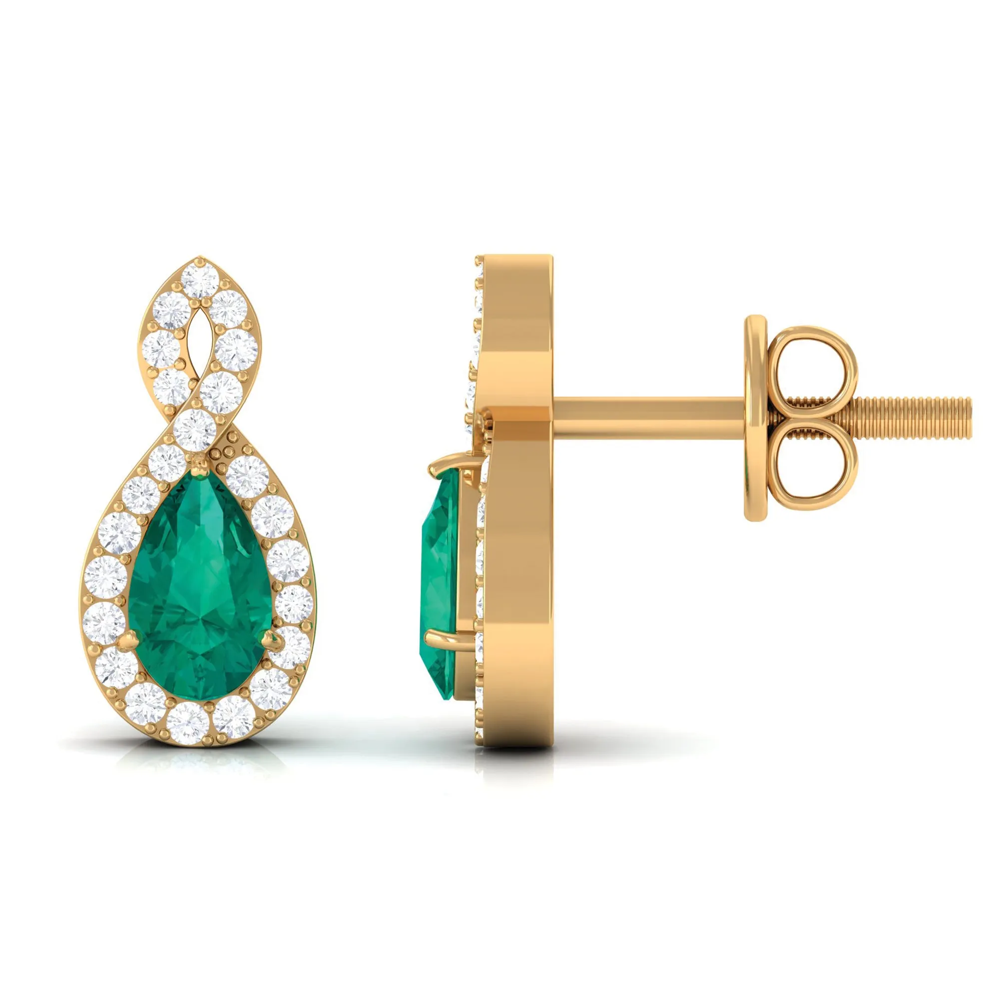 Pear Shape Emerald Infinity Stud Earrings with Diamond
