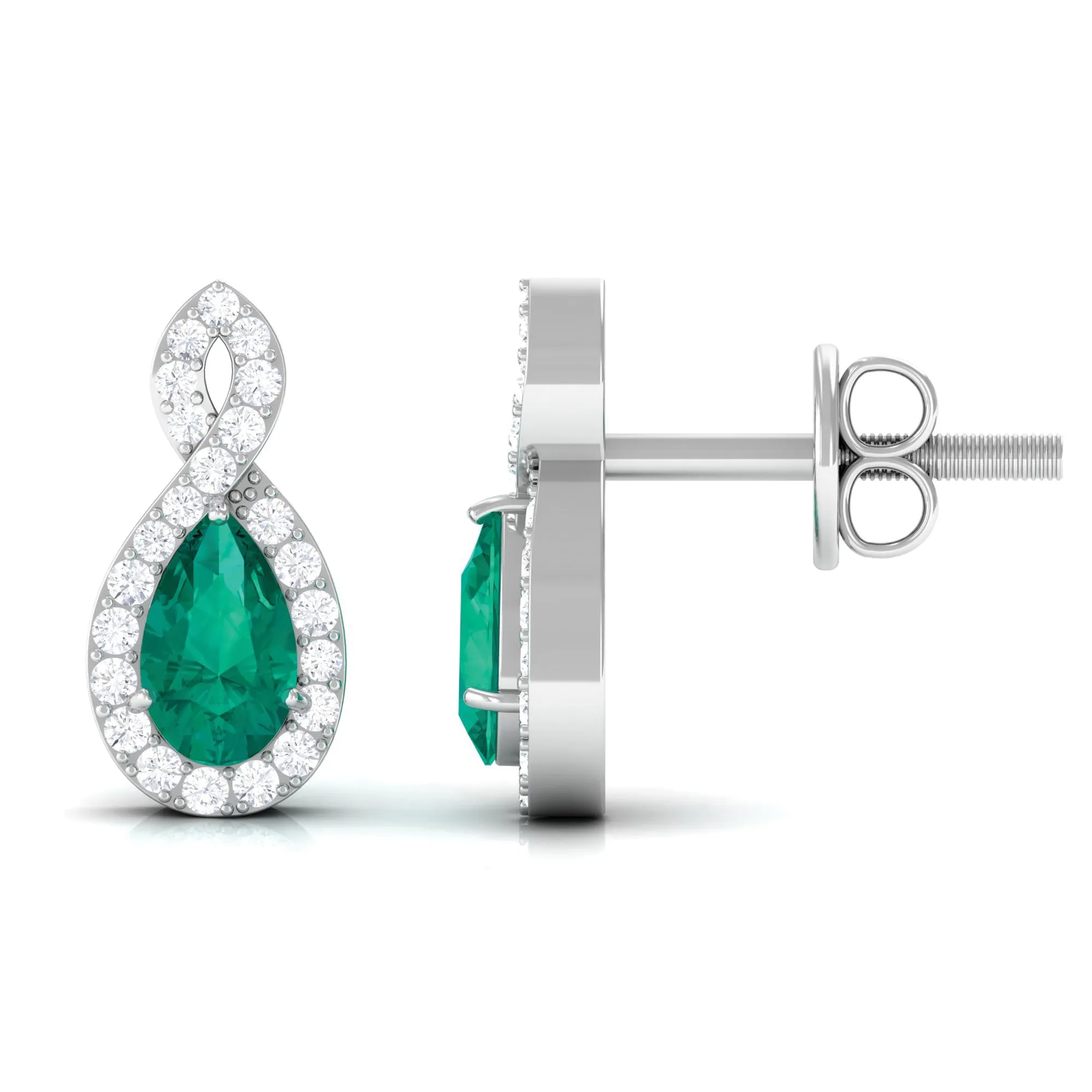 Pear Shape Emerald Infinity Stud Earrings with Diamond