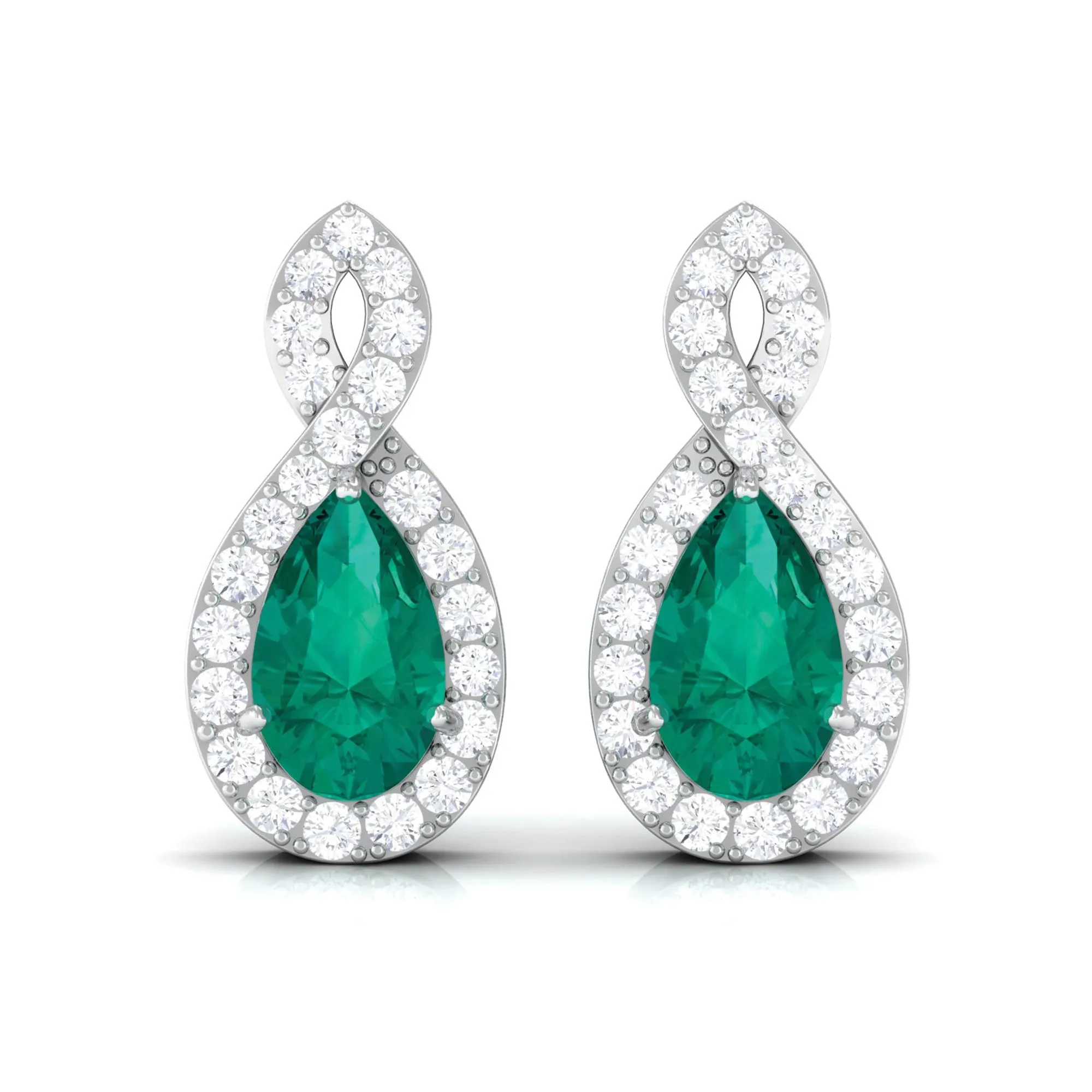 Pear Shape Emerald Infinity Stud Earrings with Diamond
