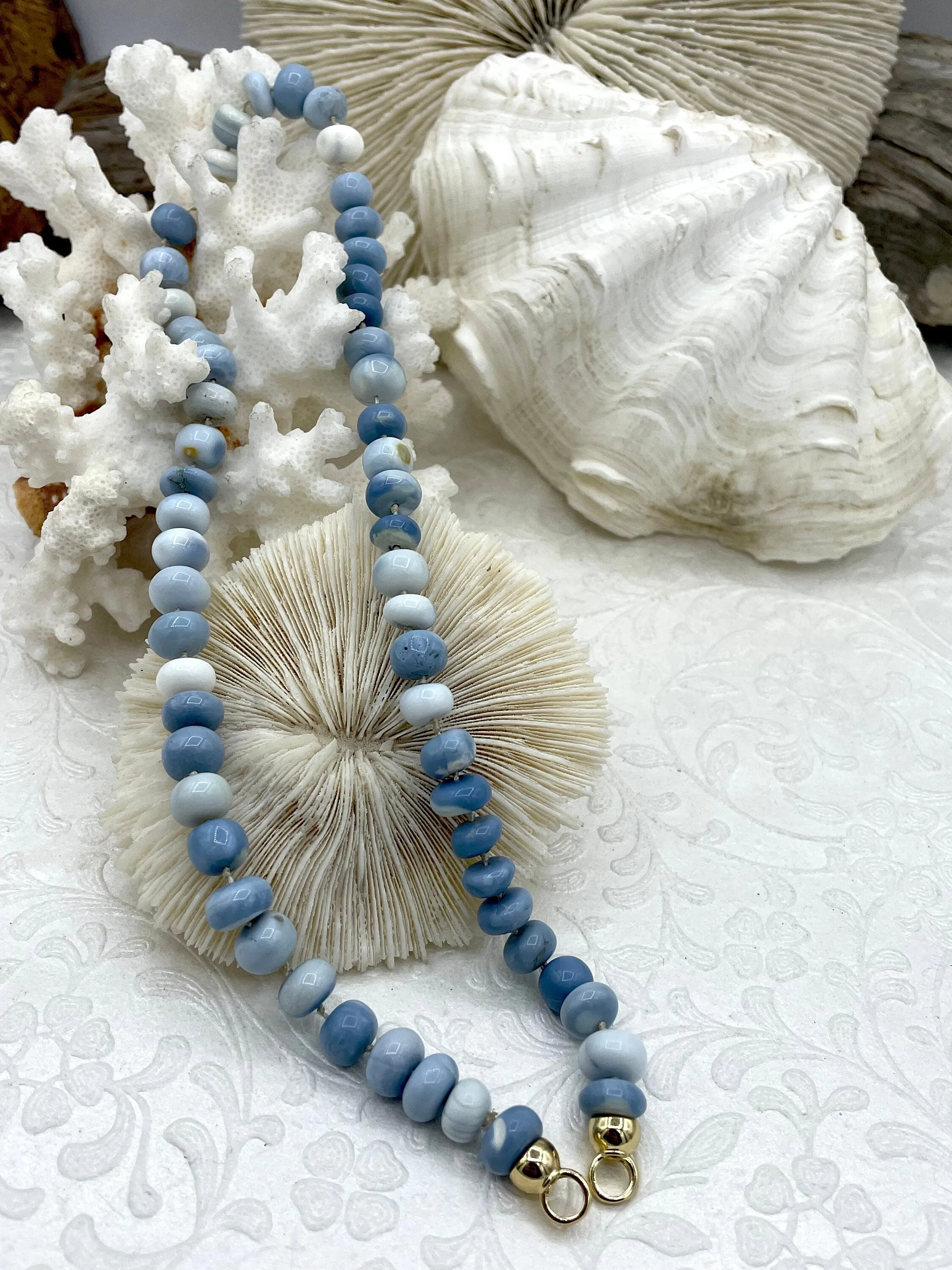Peruvian Blue Oregon Mixed Opal Hand Knotted Necklace, 16" Long, Rondelle Stones 8mm x 5mm, Gold or Silver Caps Candy Necklace, Fast Ship