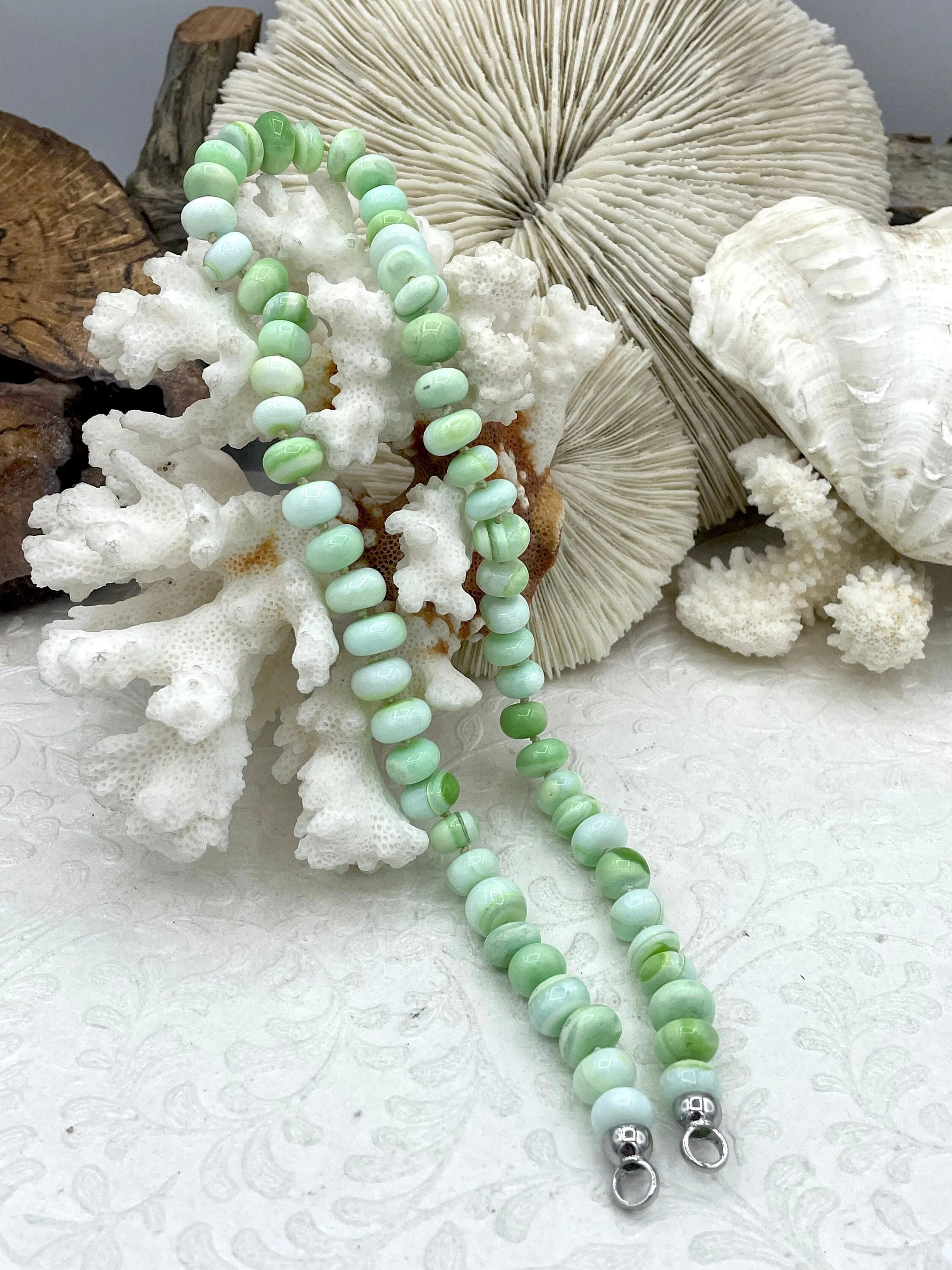 Peruvian Mint Green Mixed Opal Hand Knotted Necklace, 16" Long,Rondelle Stones 9mm x 6mm, w/Silver Finished Ends, Candy Necklace, Fast Ship