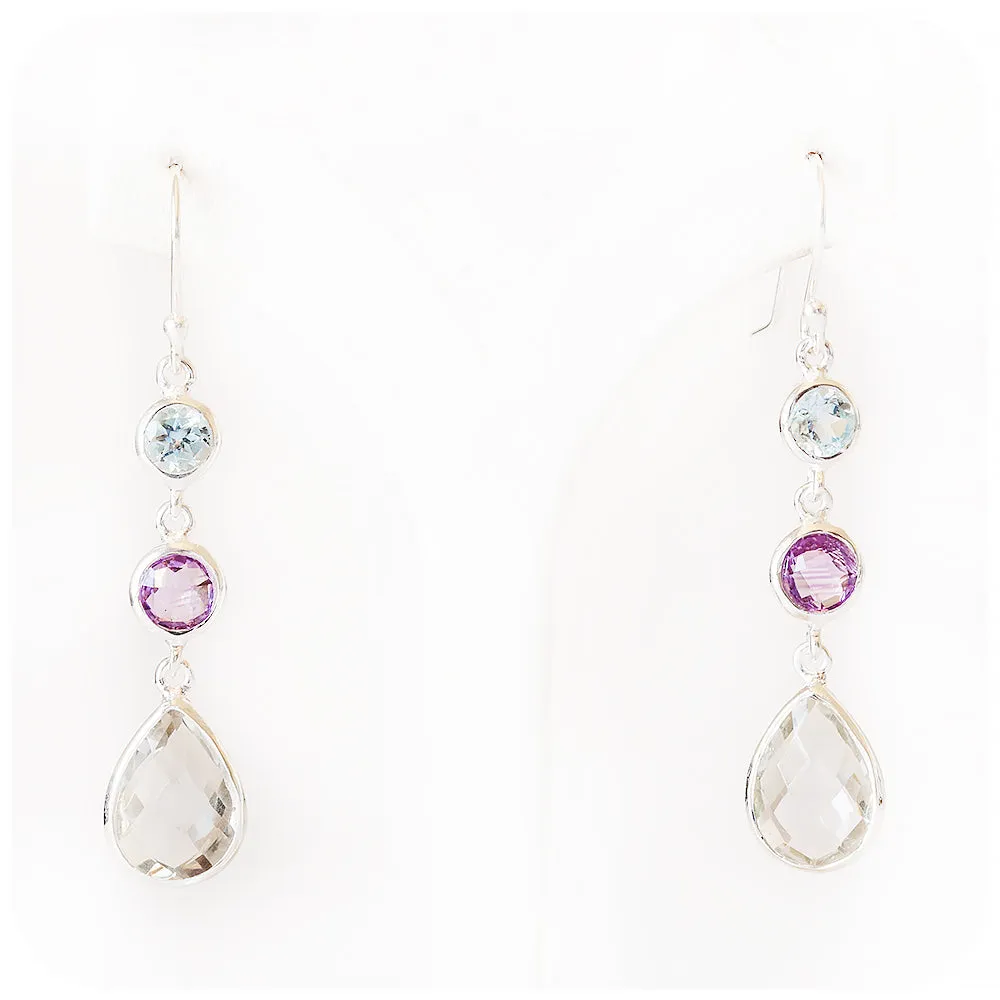 Prasiolite, Amethyst and Blue Topaz Drop Earring