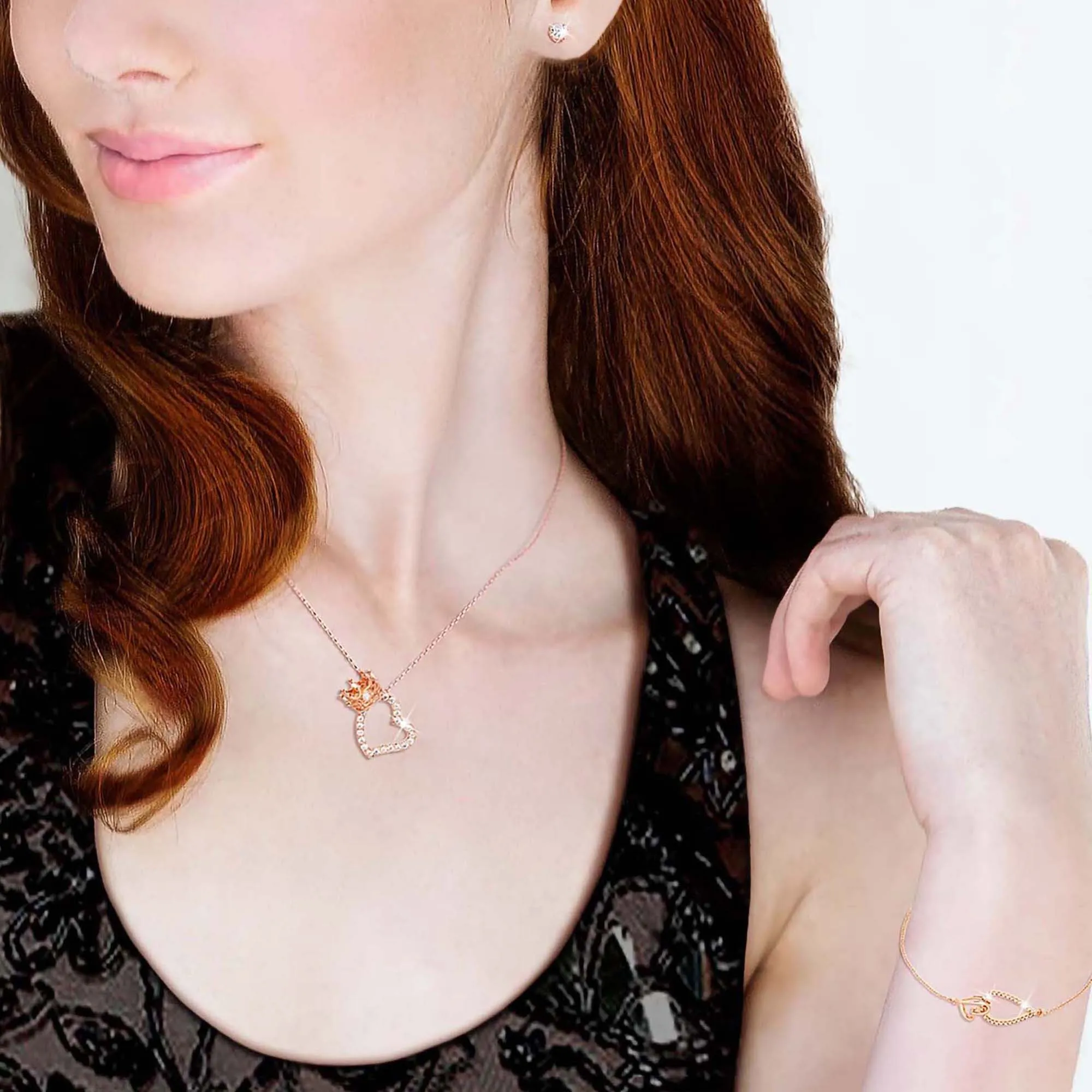 Queen Of Hearts Necklace & Bonds Of Heart Bracelet Set with Bonus Stud Earrings