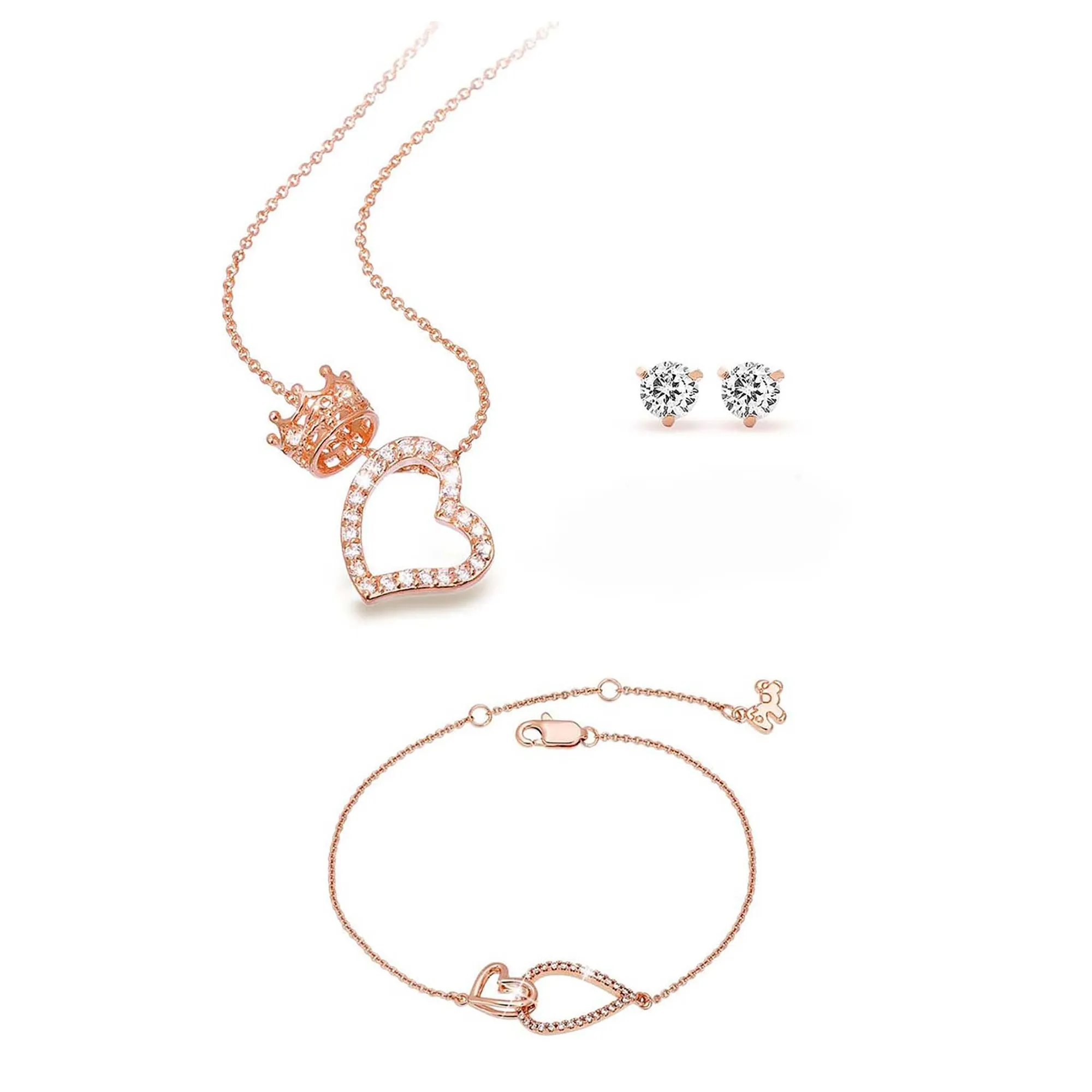 Queen Of Hearts Necklace & Bonds Of Heart Bracelet Set with Bonus Stud Earrings