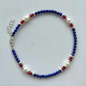 Red, White & Blue Gemstone Beaded Bracelet