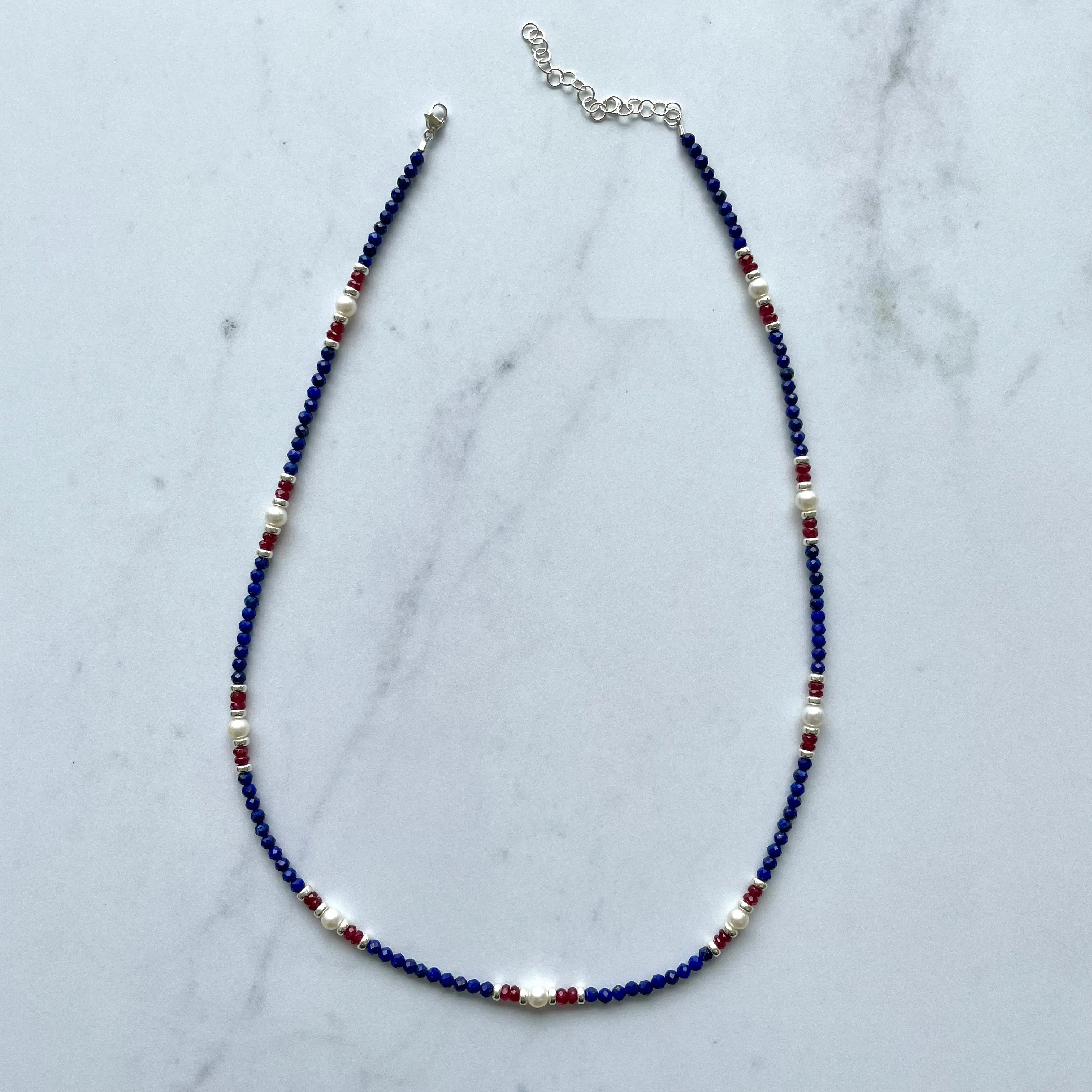 Red, White & Blue Gemstone Beaded Necklace
