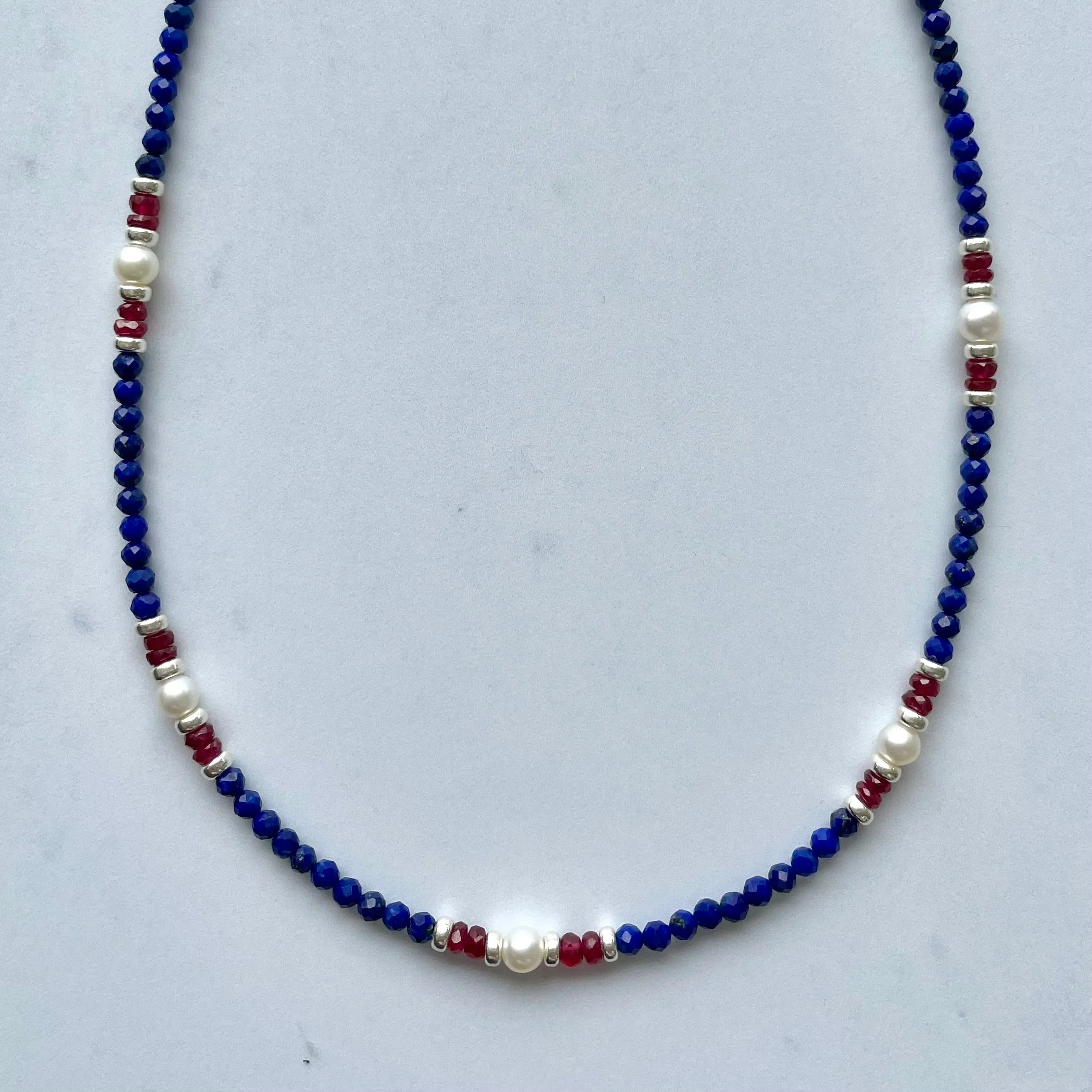 Red, White & Blue Gemstone Beaded Necklace