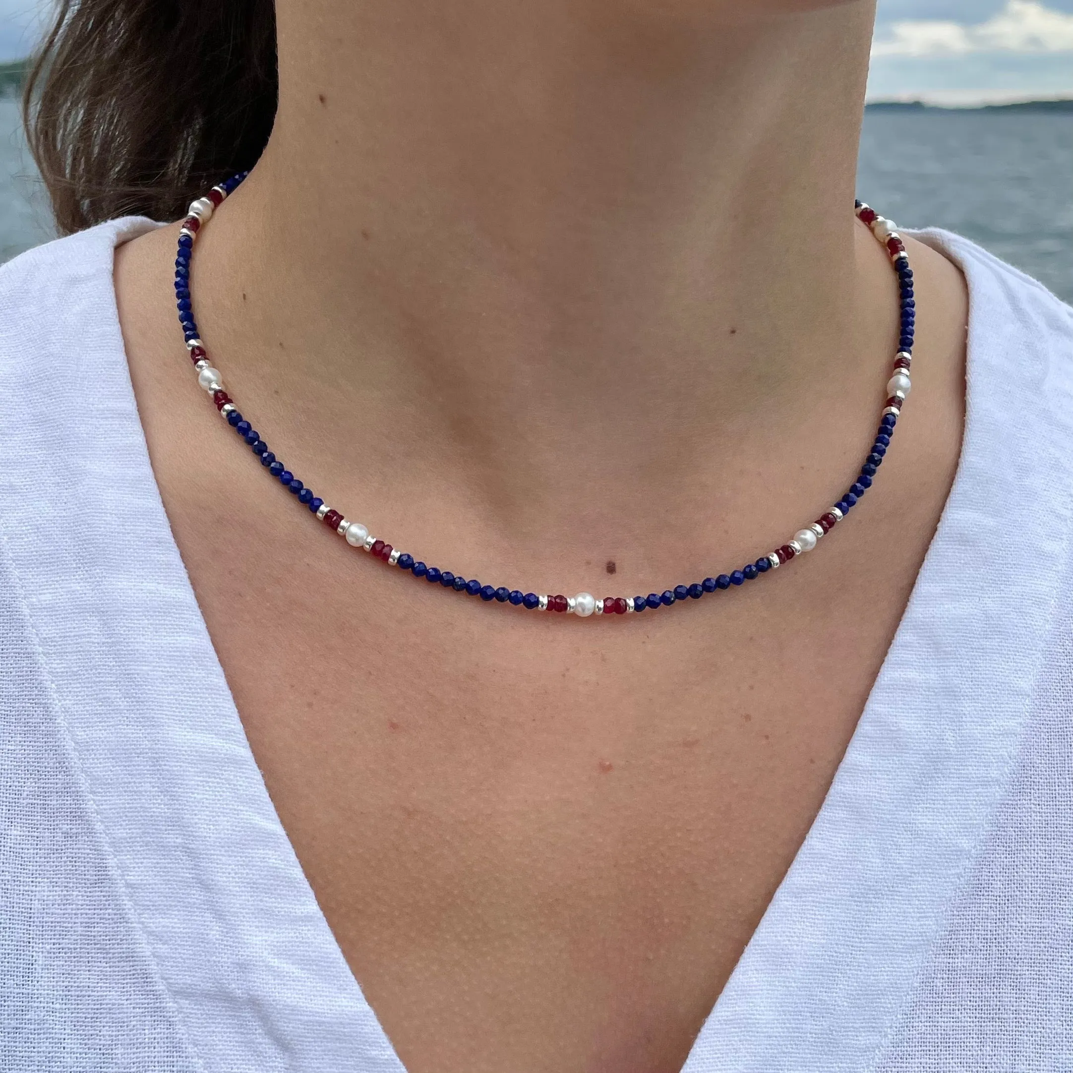 Red, White & Blue Gemstone Beaded Necklace