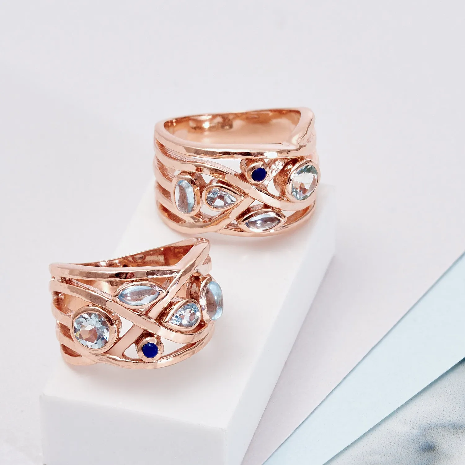Rose Gold Cocktail Ring Blue Gemstones Liana