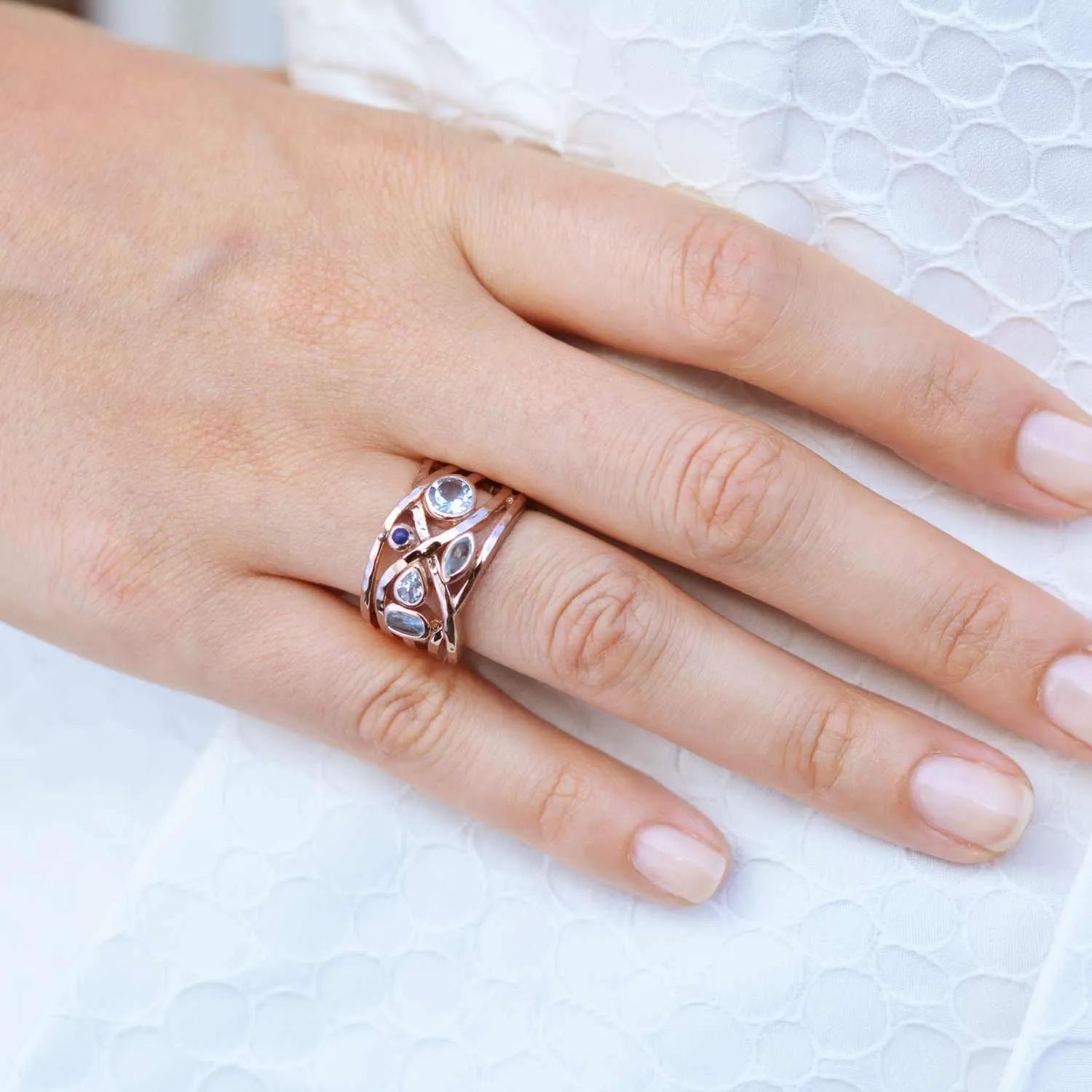 Rose Gold Cocktail Ring Blue Gemstones Liana