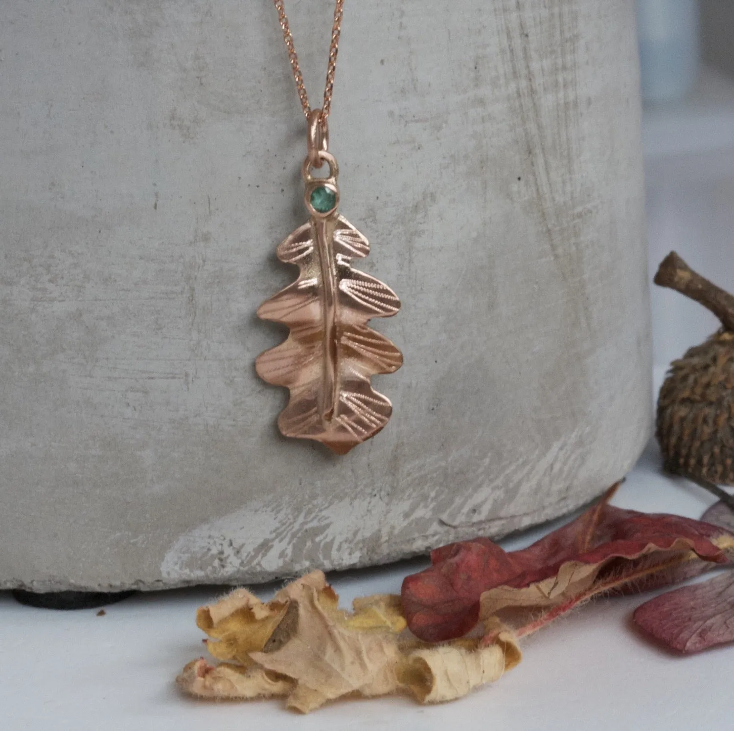 Rose Gold Oak Leaf Pendant, Solid 9ct Red Gold and Emerald Forest Leaf Necklace