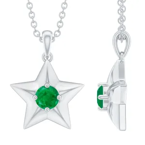 Round Cut Emerald and Gold Star Pendant Necklace