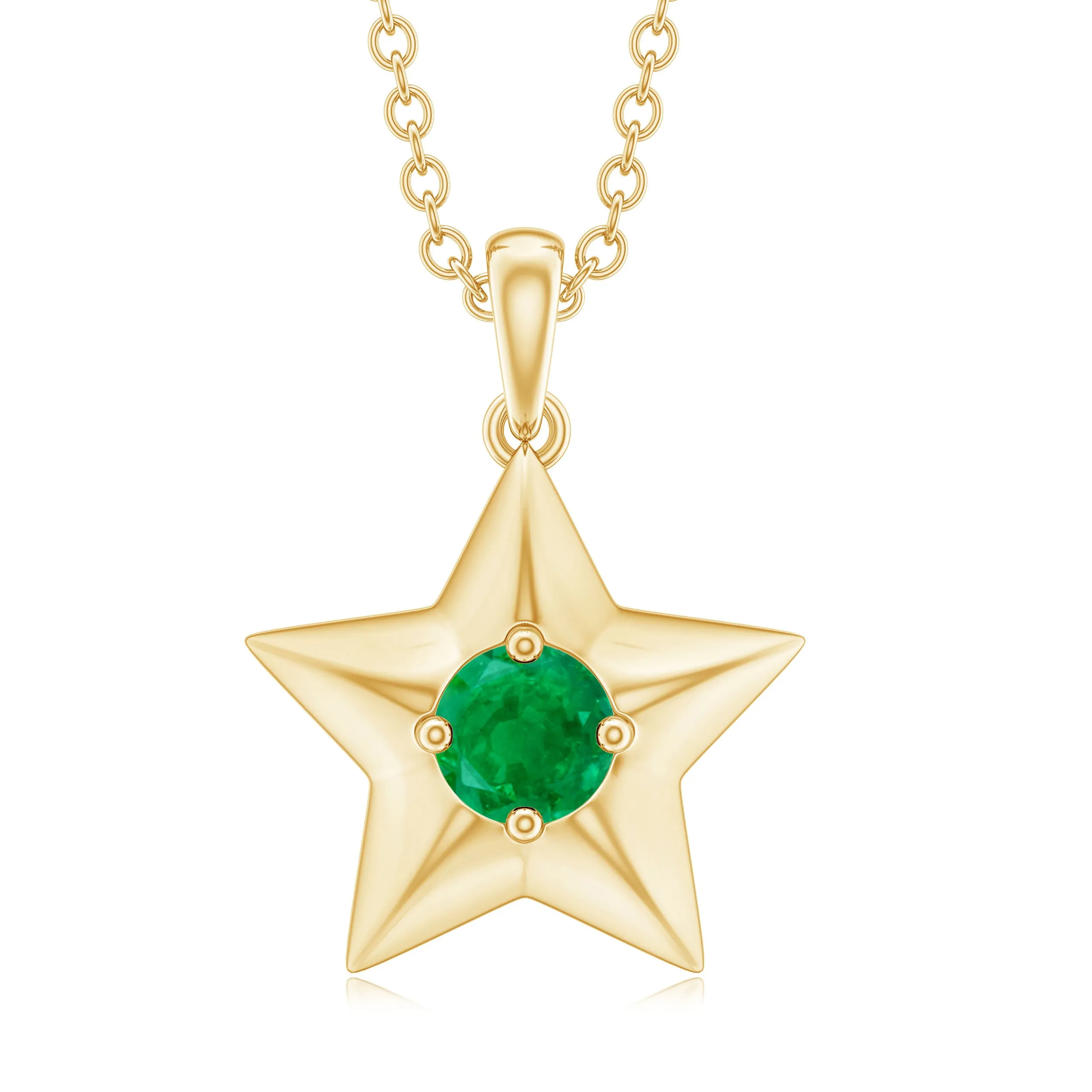 Round Cut Emerald and Gold Star Pendant Necklace