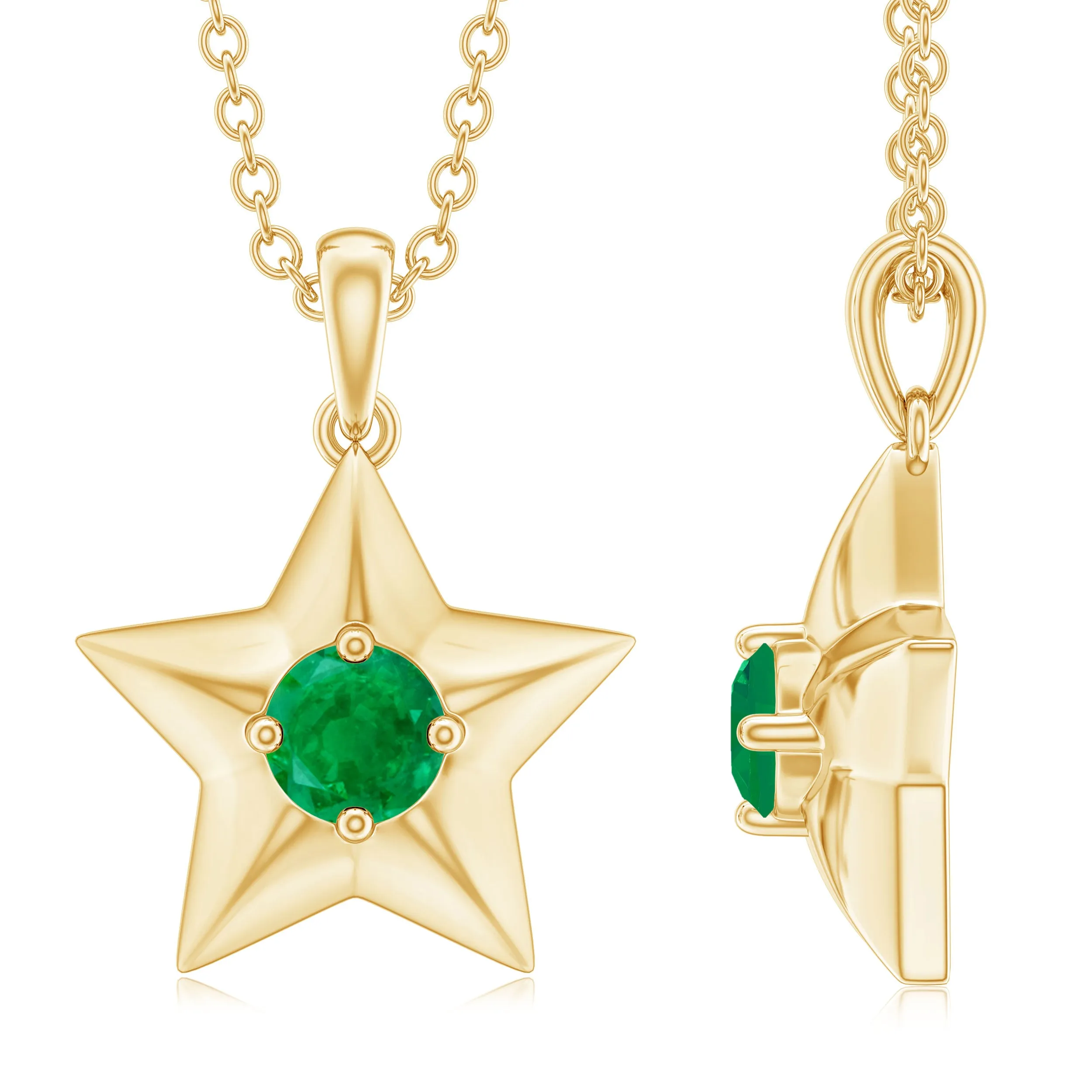 Round Cut Emerald and Gold Star Pendant Necklace
