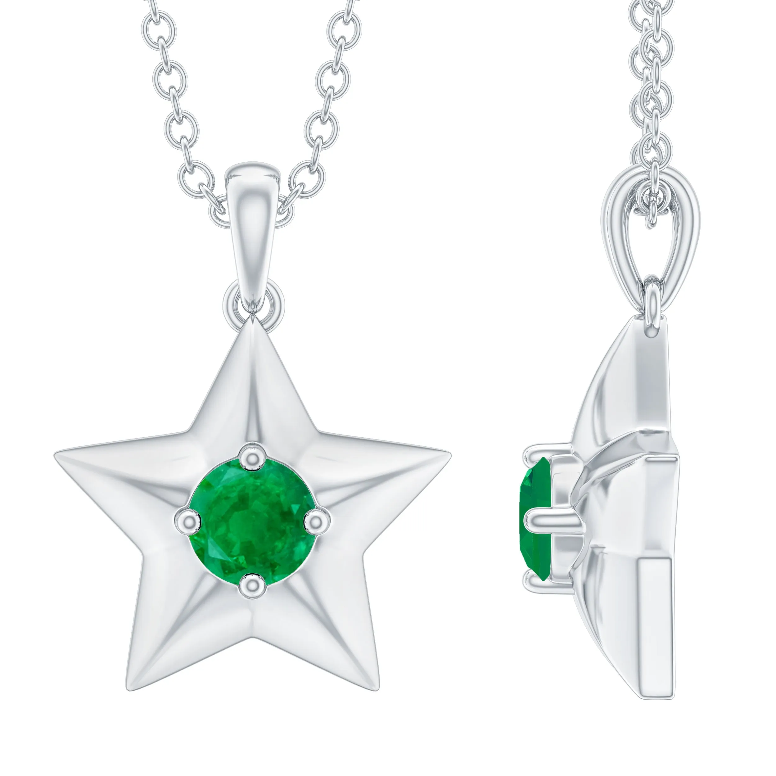 Round Cut Emerald and Gold Star Pendant Necklace