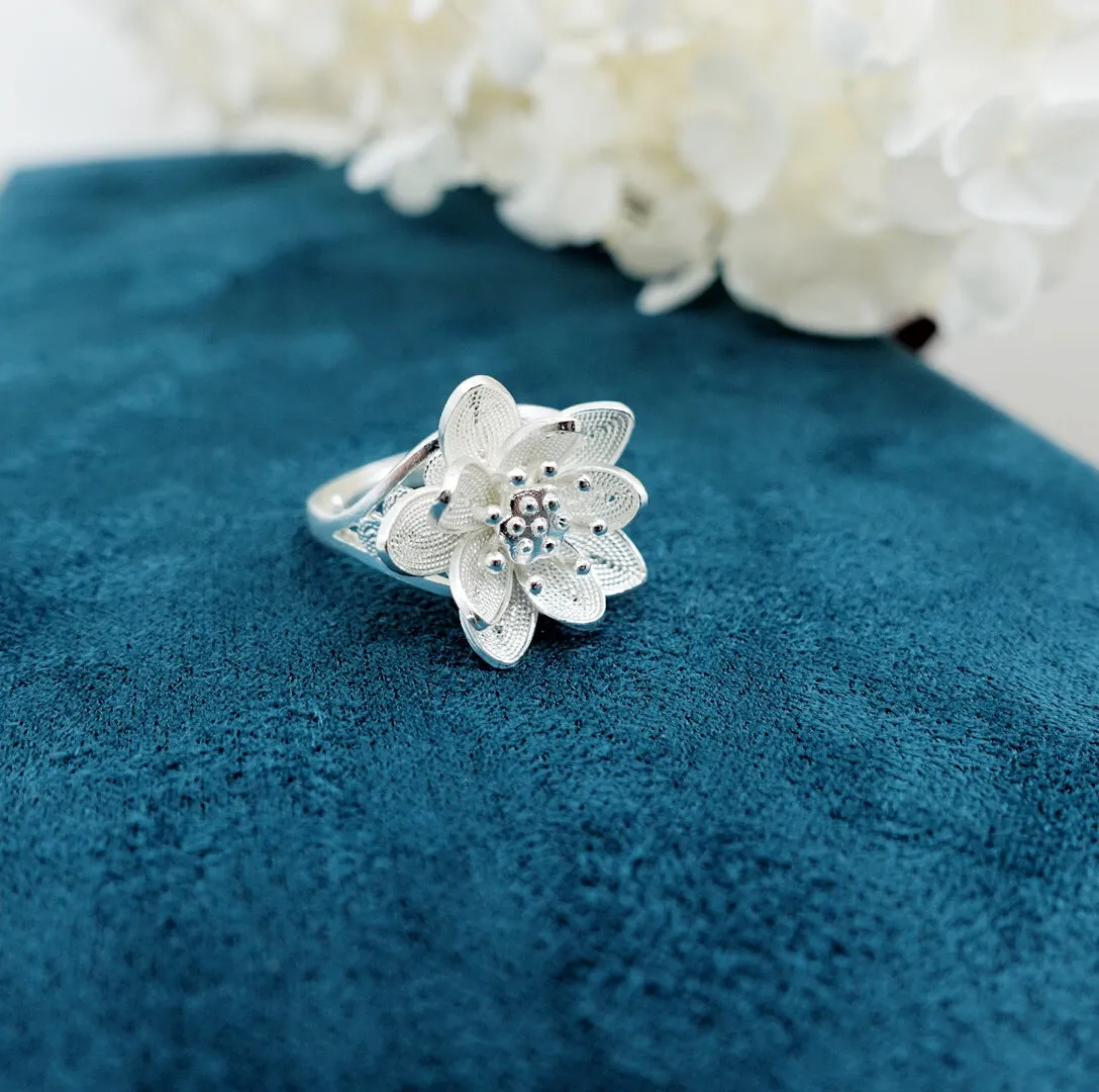 Silver Filigree Inlay Lotus Ring