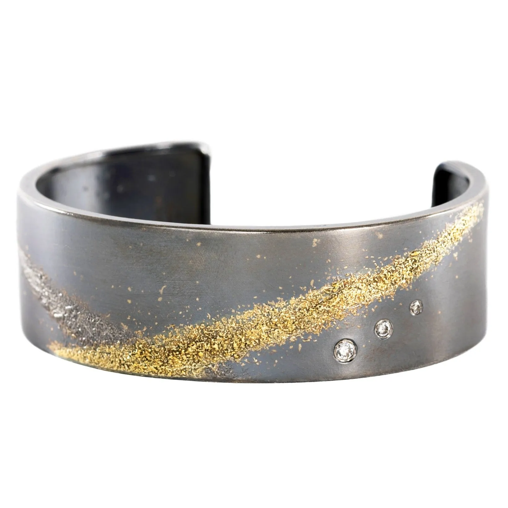 Silver   Gold Slice Cuff - Narrow - 22k Gold, Oxidized Silver   Black Diamonds