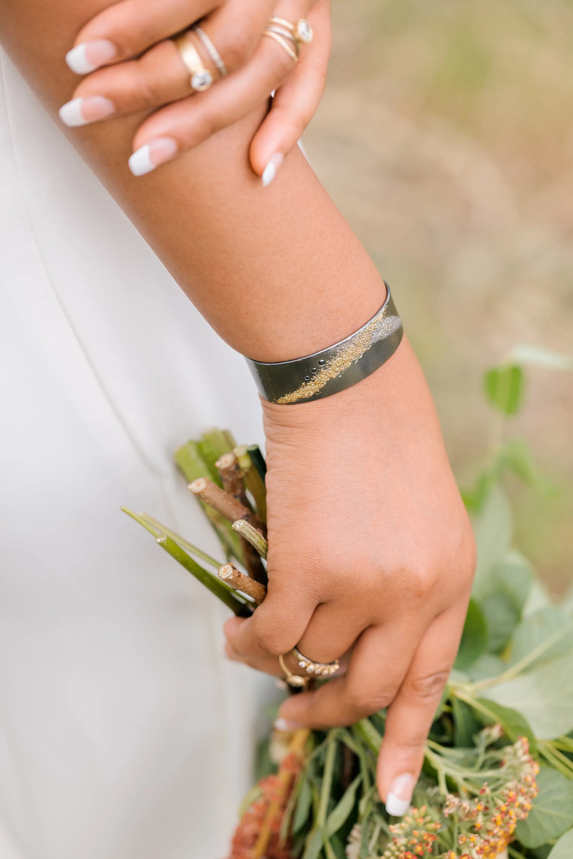 Silver   Gold Slice Cuff - Narrow - 22k Gold, Oxidized Silver   Black Diamonds