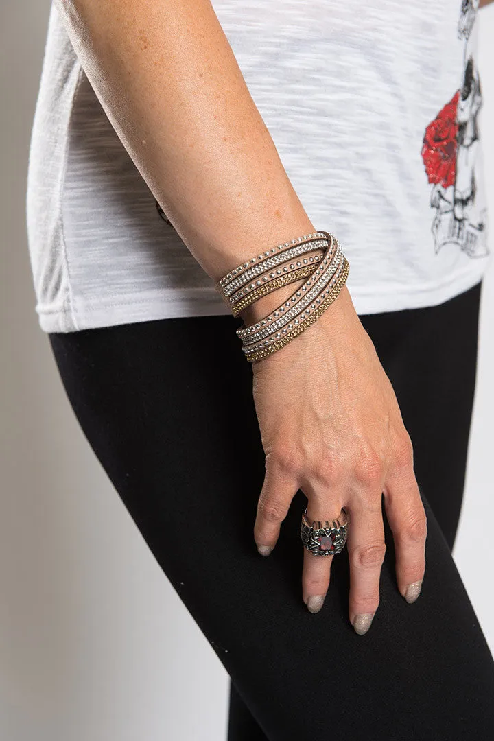 Silver Stud and Bling Brown Faux Suede Bracelet