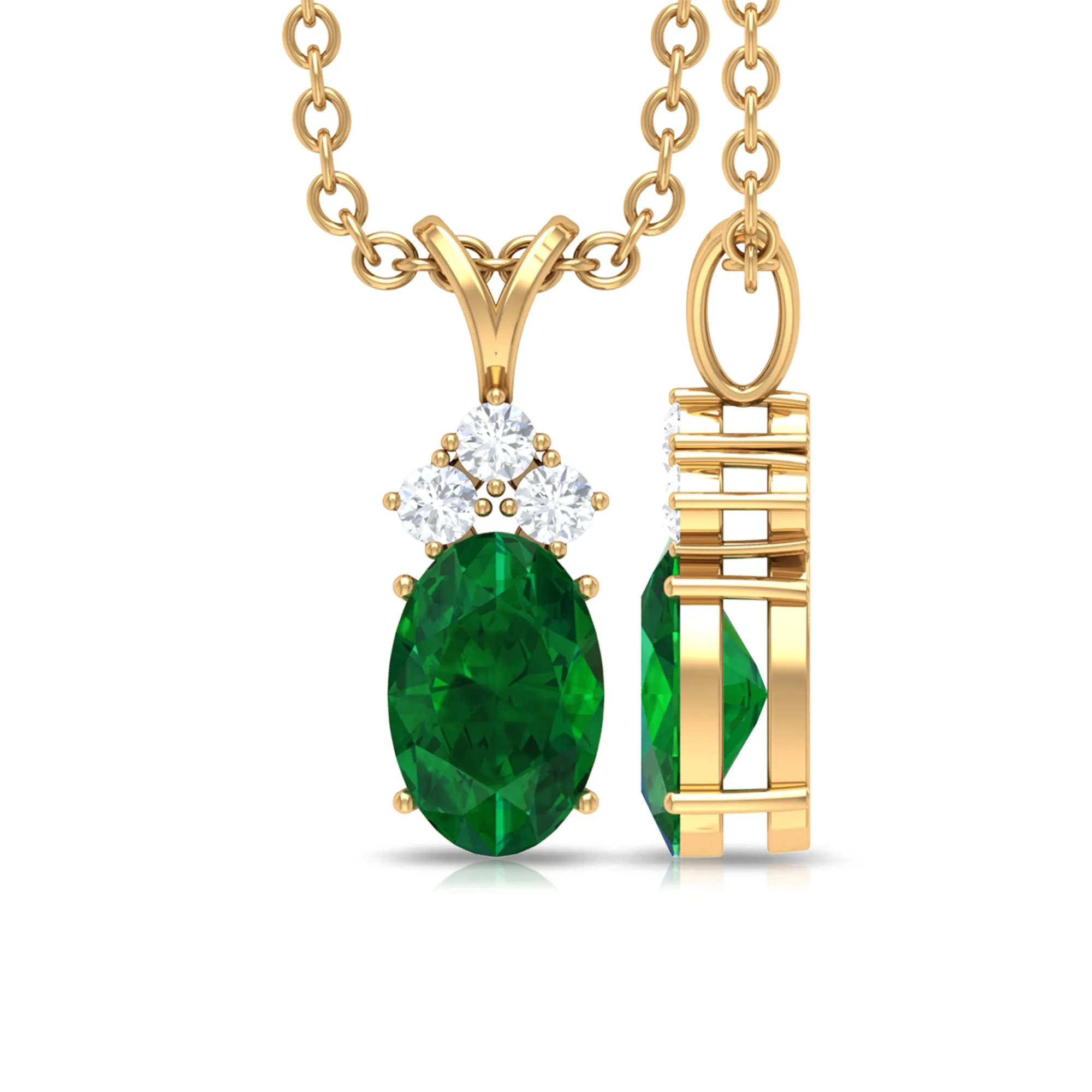 Simple Emerald Oval Pendant Necklace with Diamond Trio