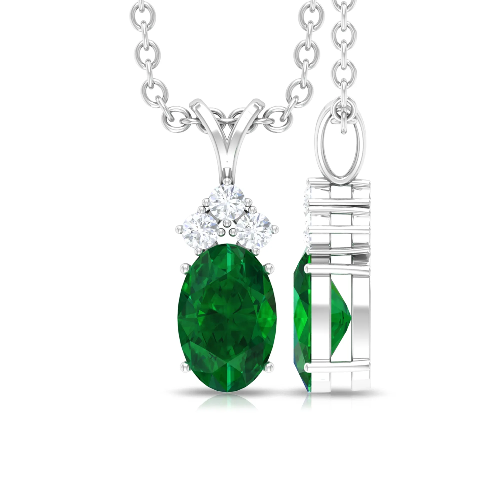 Simple Emerald Oval Pendant Necklace with Diamond Trio