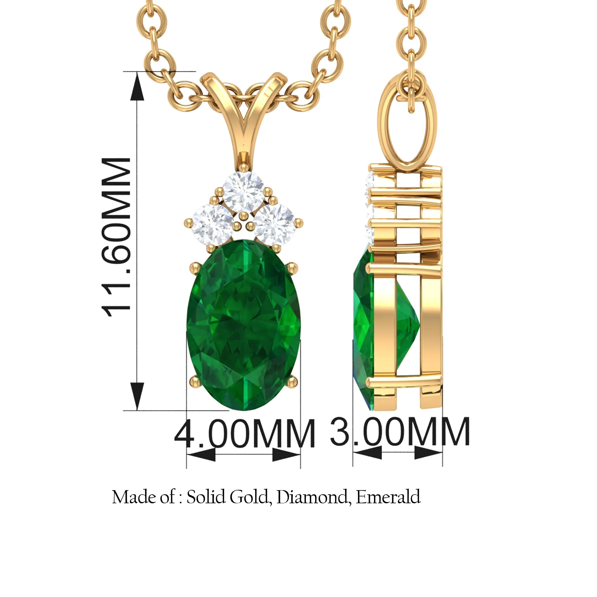 Simple Emerald Oval Pendant Necklace with Diamond Trio