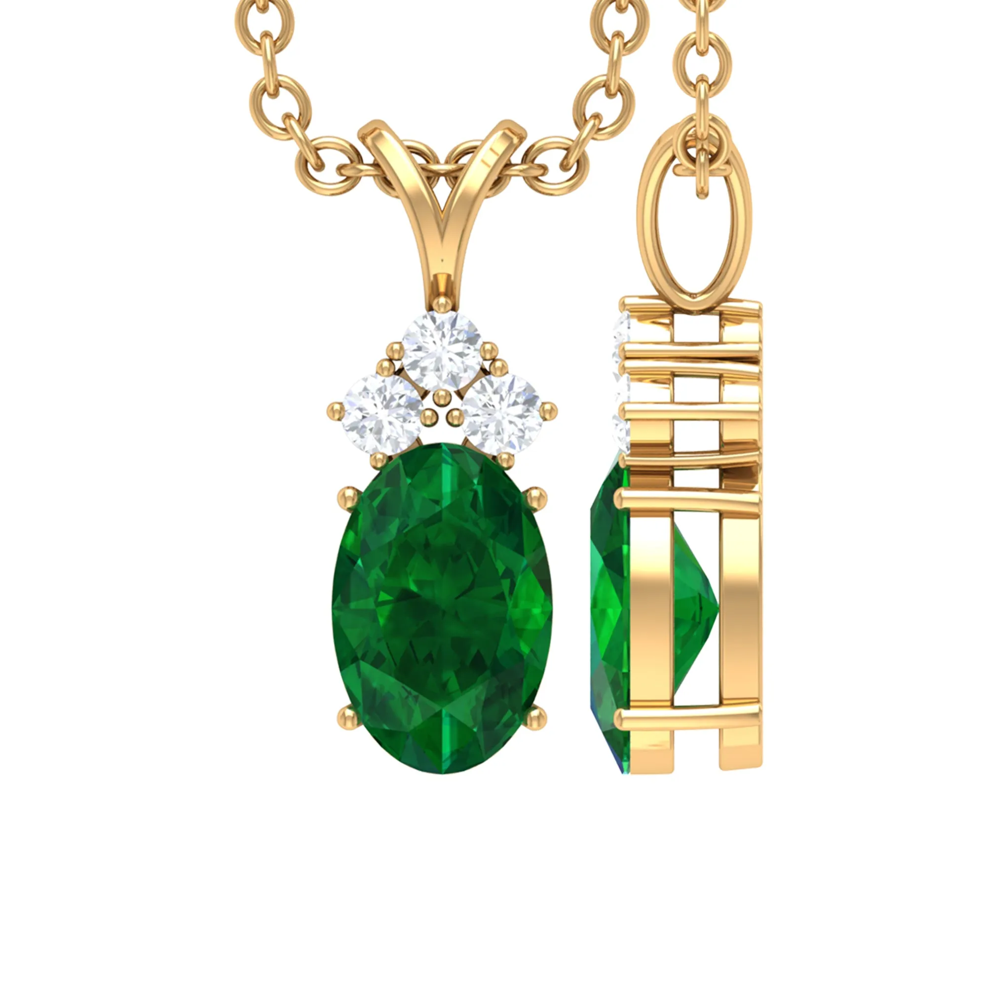 Simple Emerald Oval Pendant Necklace with Diamond Trio