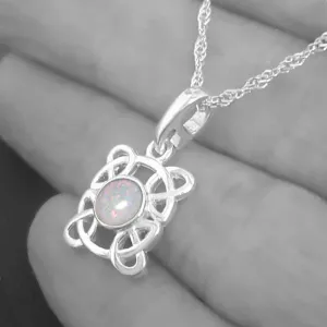 Small Rectangle Celtic Necklace With Real Opal, October Birthstone