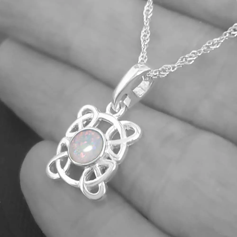 Small Rectangle Celtic Necklace With Real Opal, October Birthstone
