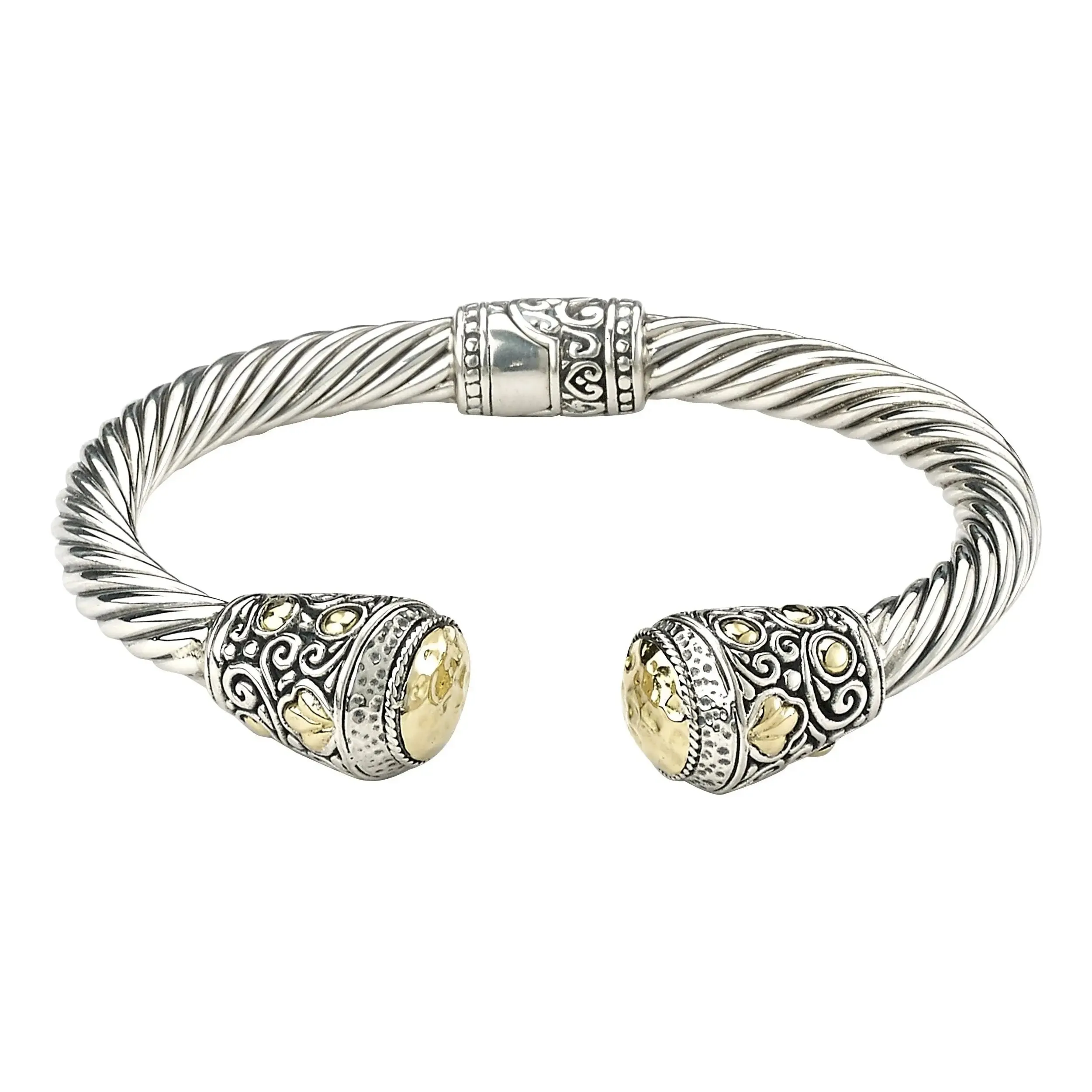 SS/18K 6 1/2" HAMMERED GOLD TWISTED HINGED BANGLE