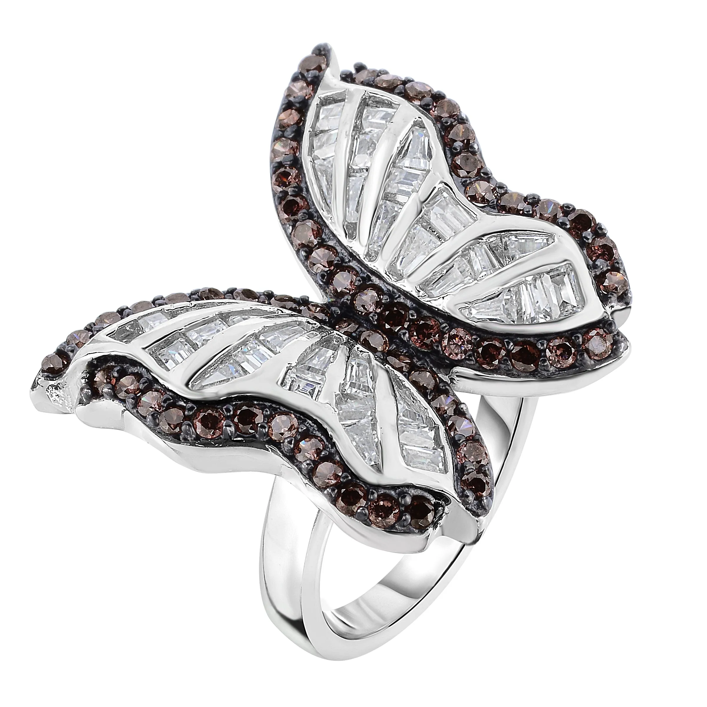 Sterling Silver Butterfly Cocktail Ring with White & Chocolate Color