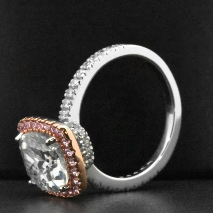 Sterling Silver Cushion Cut Pink Gold Cocktail Simulated Diamond Halo Ring