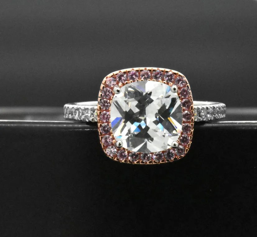 Sterling Silver Cushion Cut Pink Gold Cocktail Simulated Diamond Halo Ring