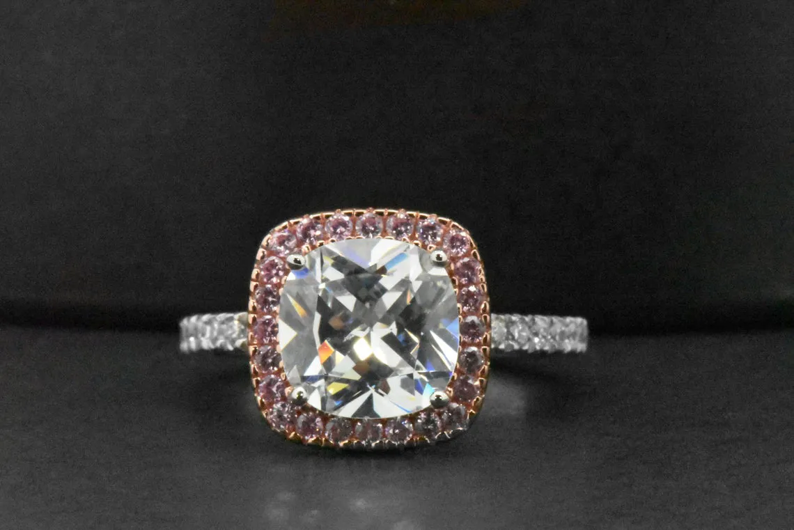Sterling Silver Cushion Cut Pink Gold Cocktail Simulated Diamond Halo Ring